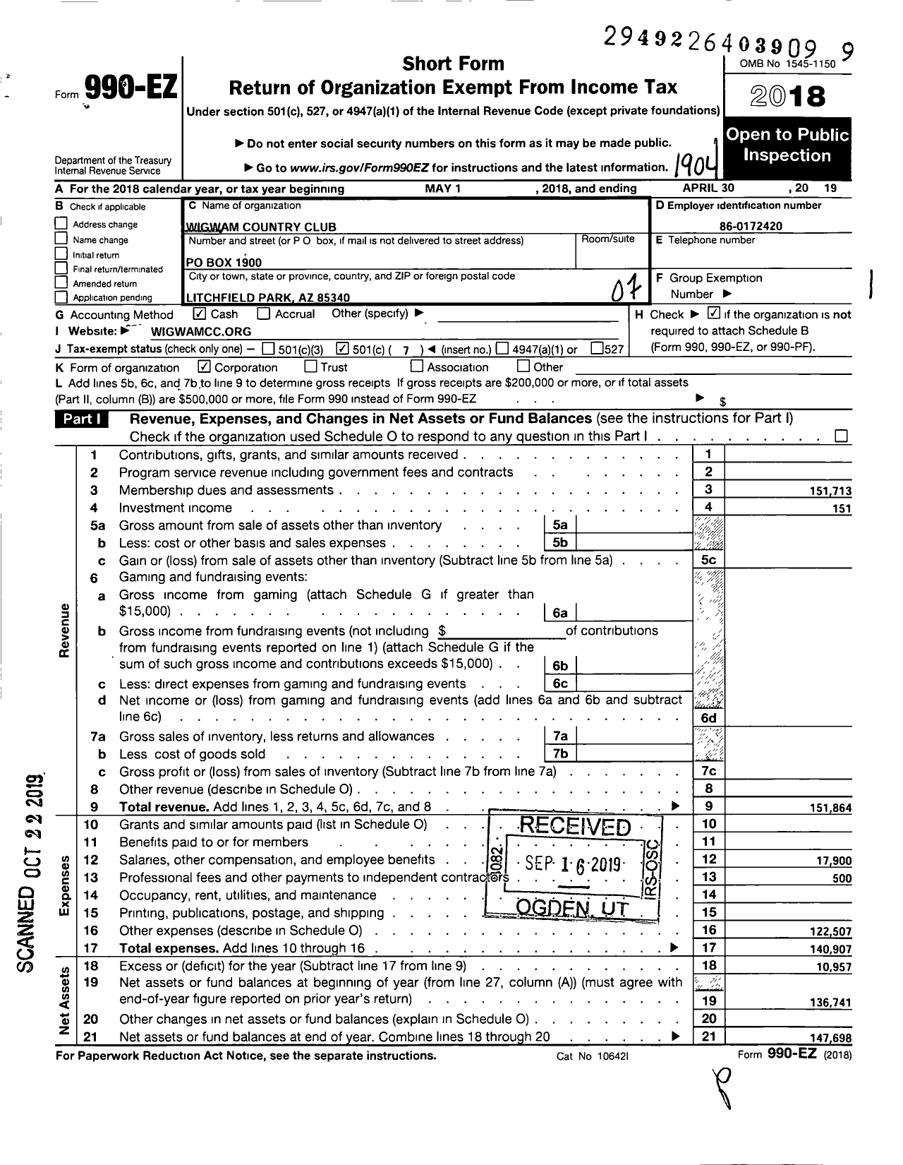 Image of first page of 2018 Form 990EO for Wigwam Country Club