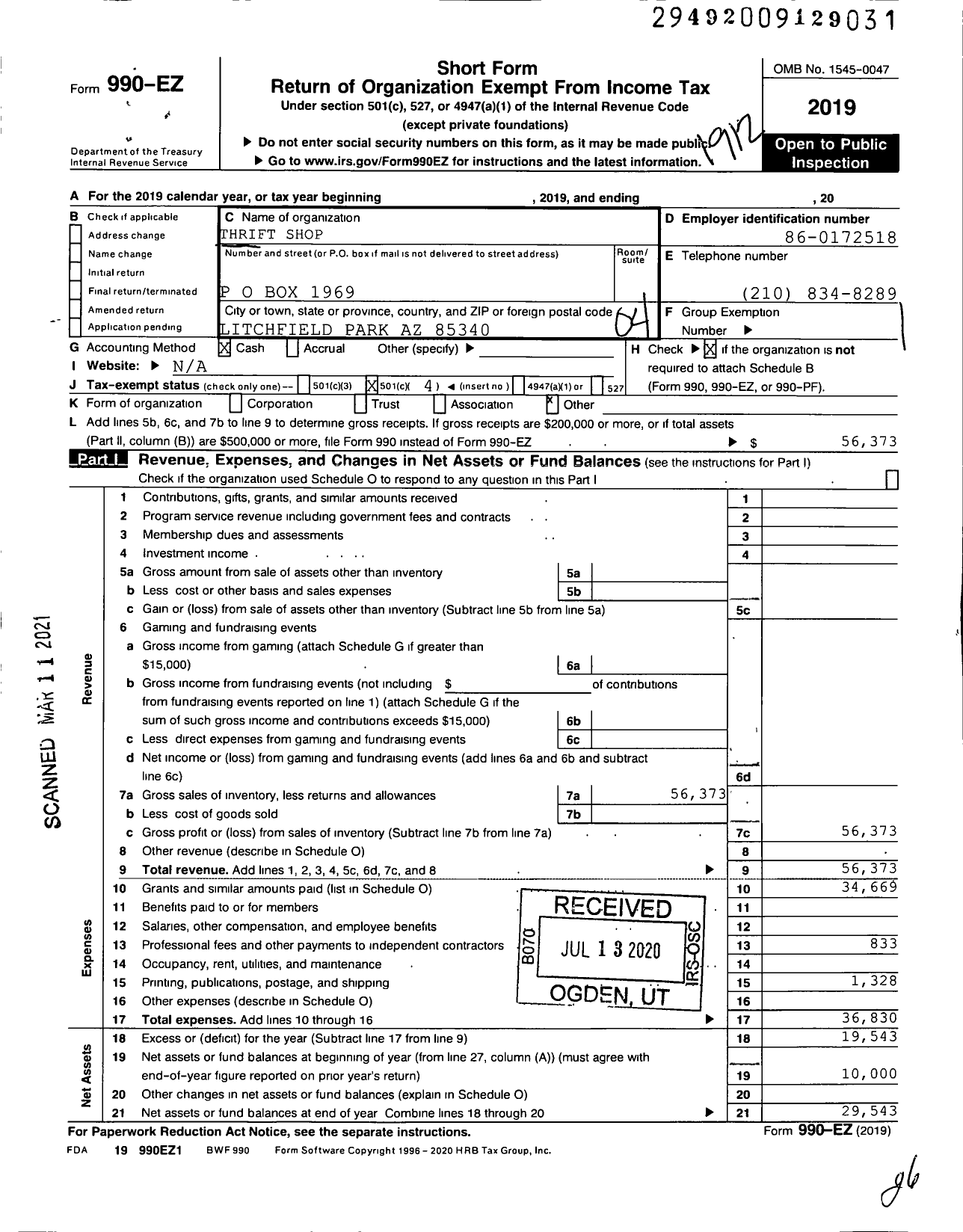 Image of first page of 2019 Form 990EO for Thrift Shop