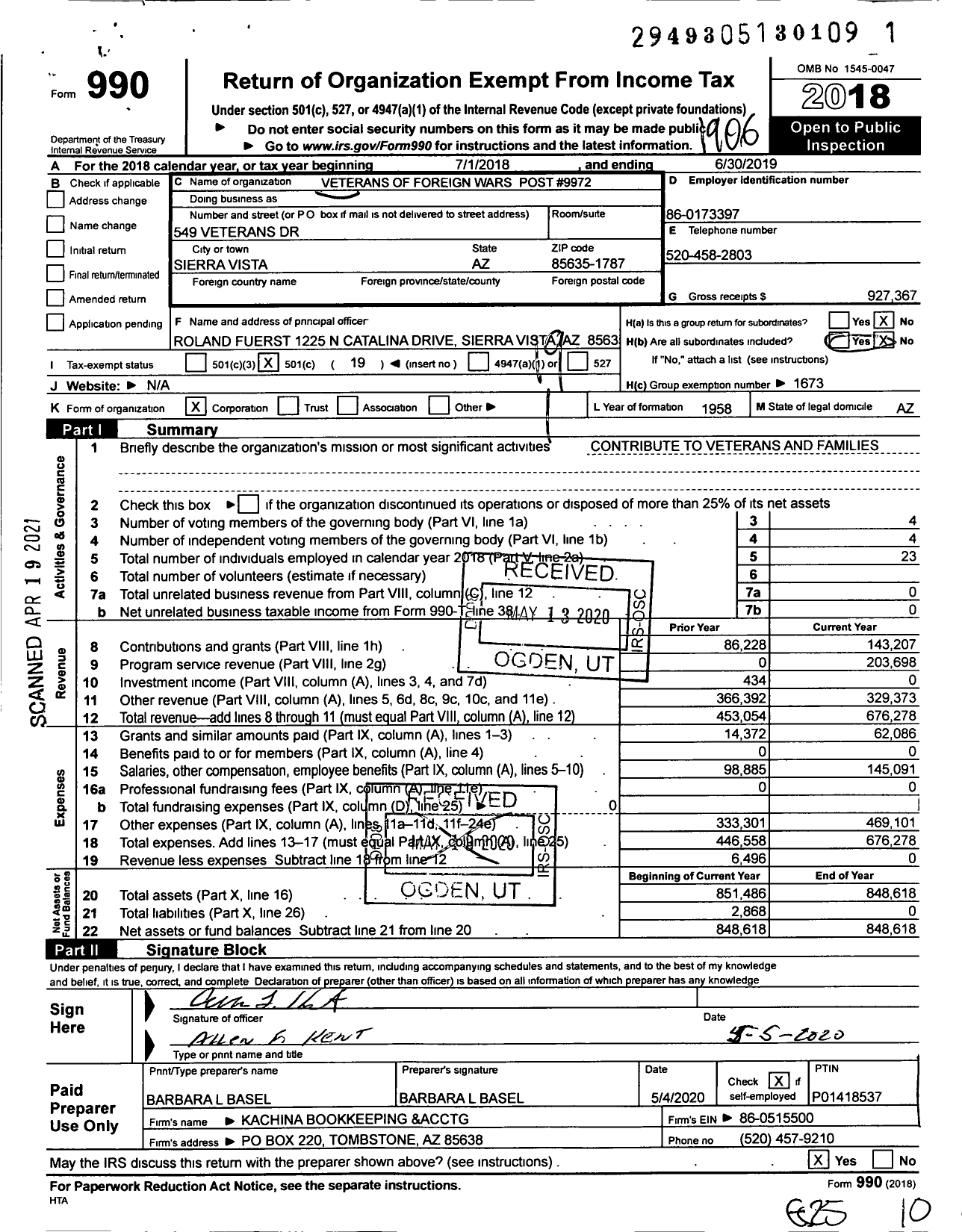 Image of first page of 2018 Form 990O for Veterans of Foreign Wars of Arizona - 9972 Sierra Vista Post