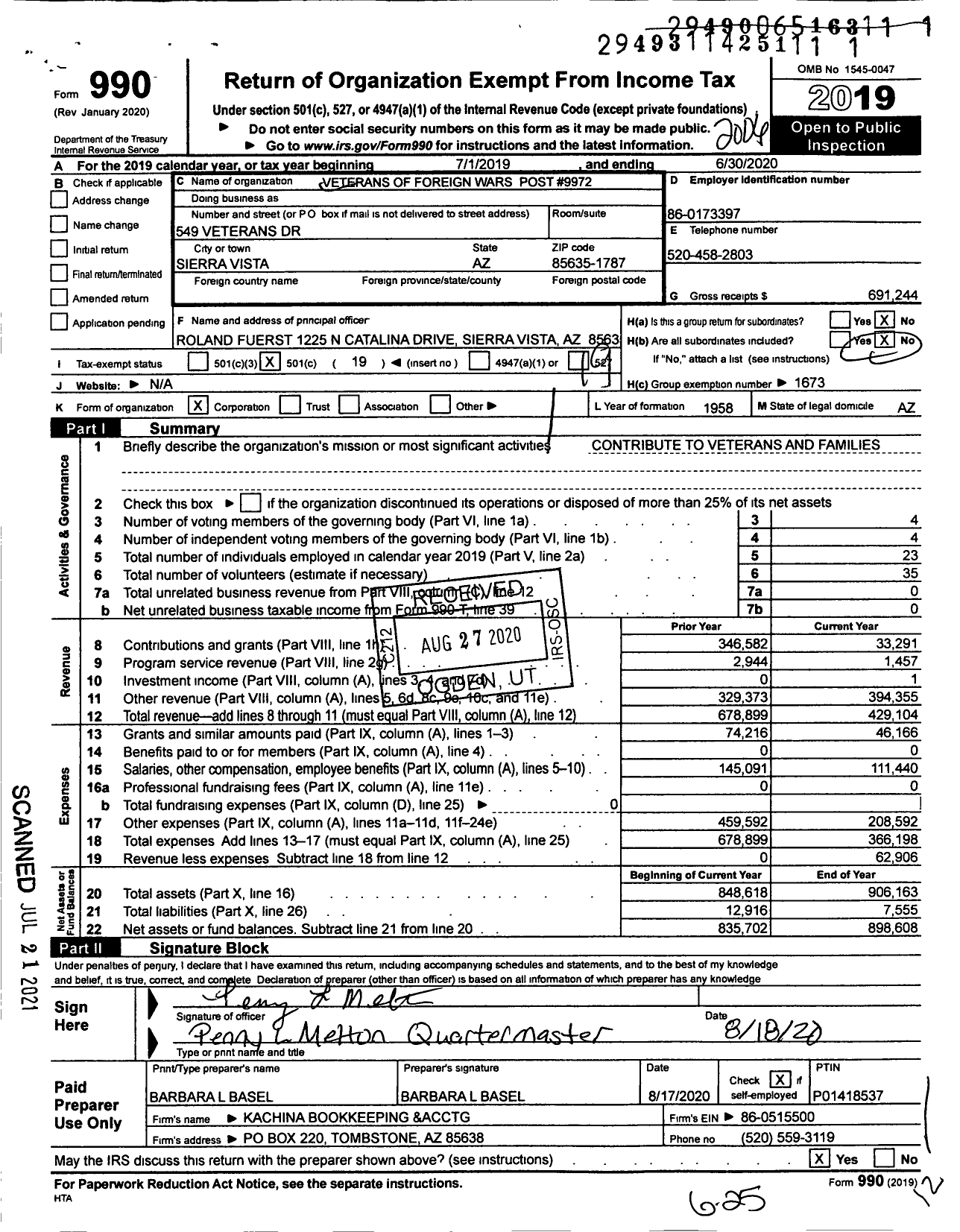 Image of first page of 2019 Form 990O for Veterans of Foreign Wars of Arizona - 9972 Sierra Vista Post