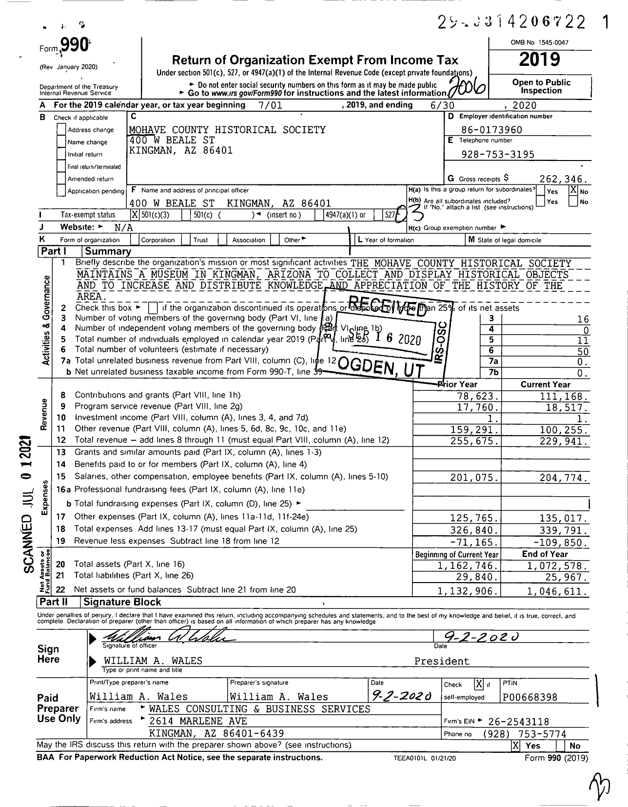 Image of first page of 2019 Form 990 for Mohave County Historical Society