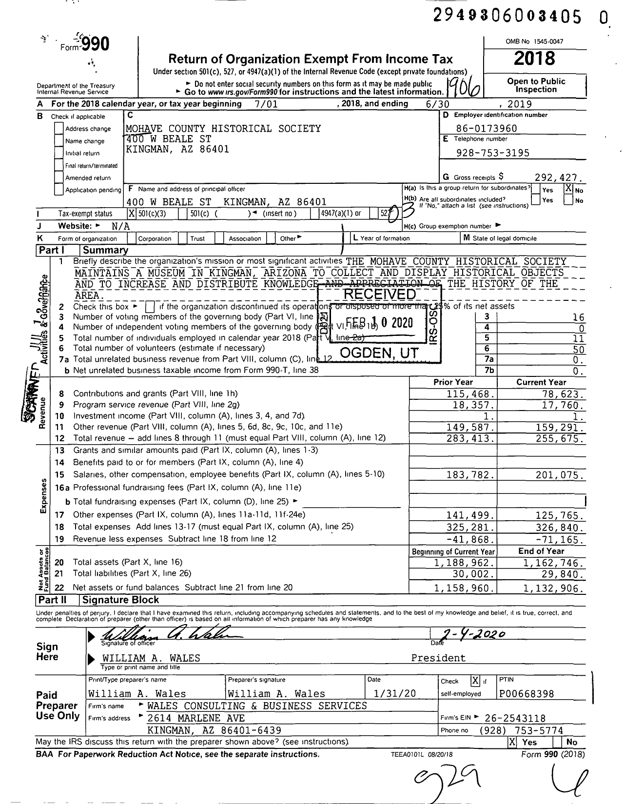 Image of first page of 2018 Form 990 for Mohave County Historical Society