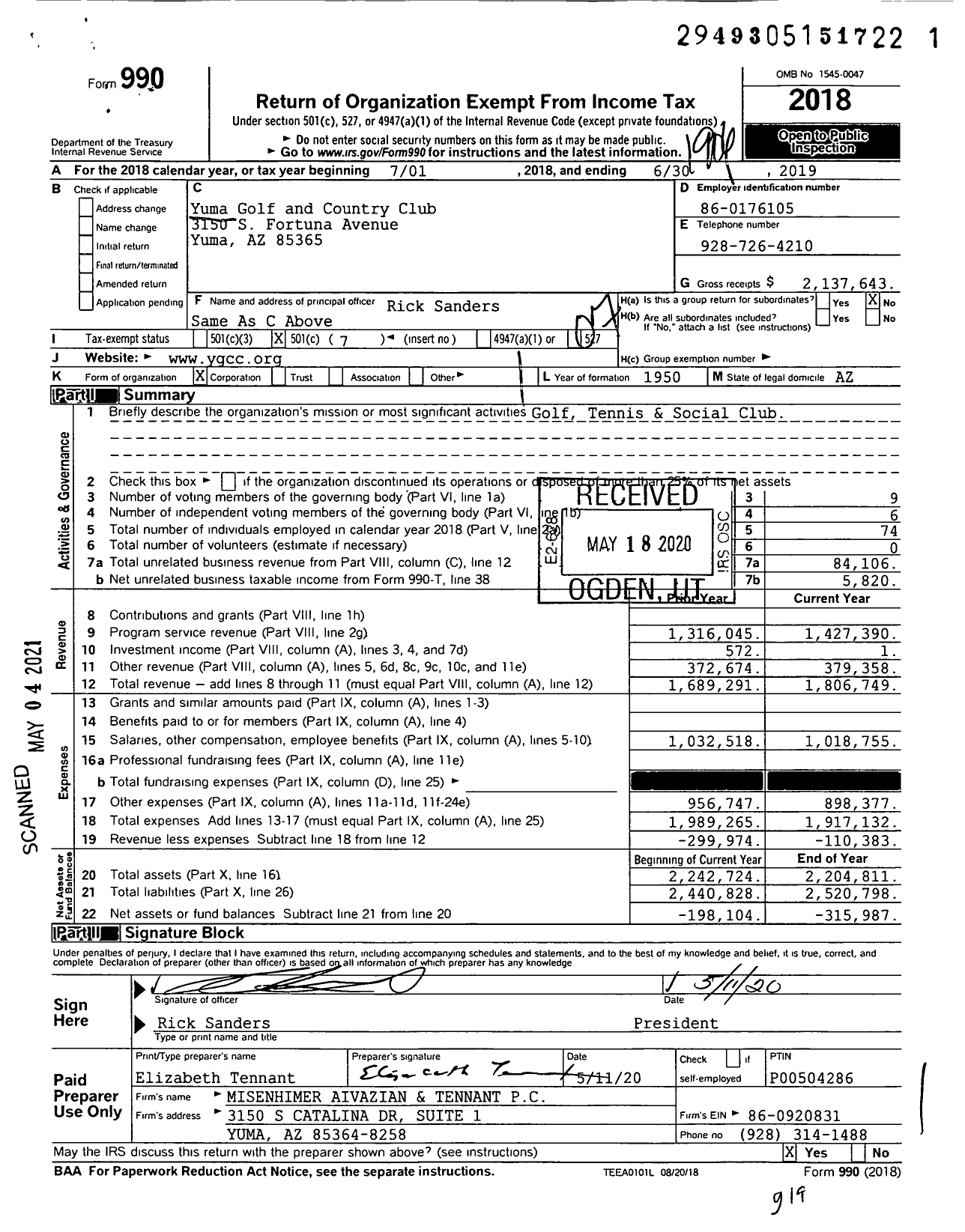 Image of first page of 2018 Form 990O for Yuma Golf and Country Club