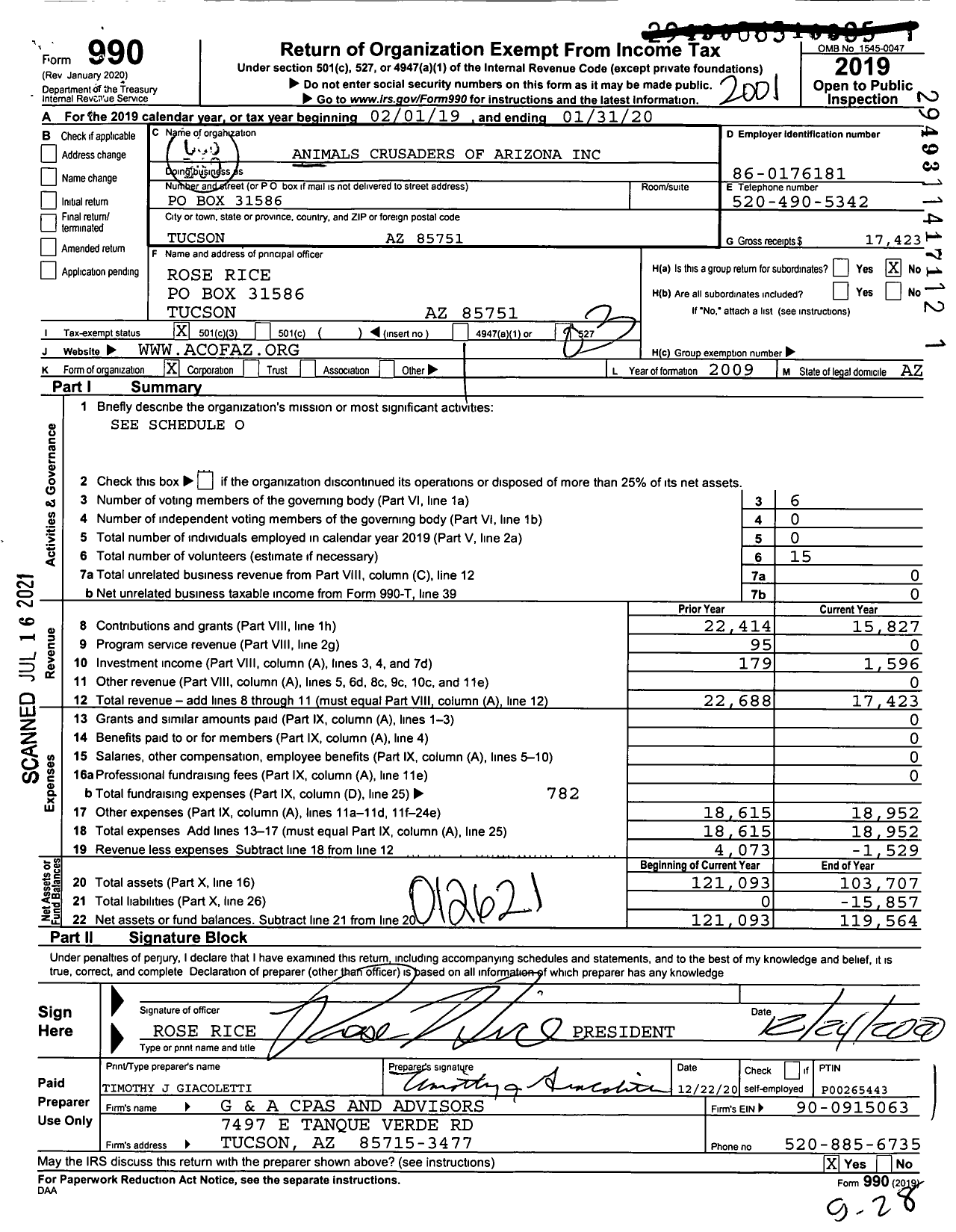 Image of first page of 2019 Form 990 for Animals Crusaders of Arizona