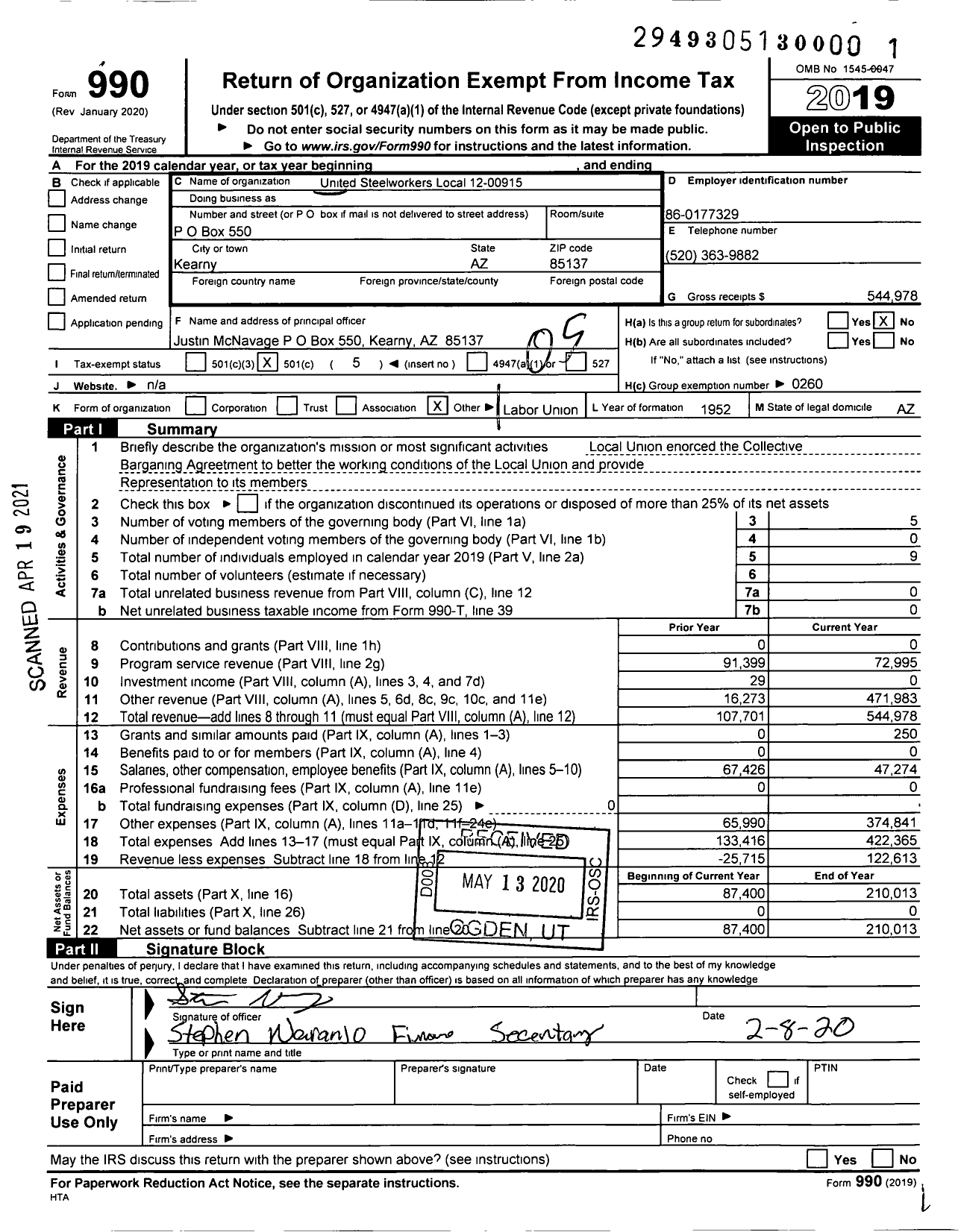 Image of first page of 2019 Form 990O for United Steelworkers - 00915 Local