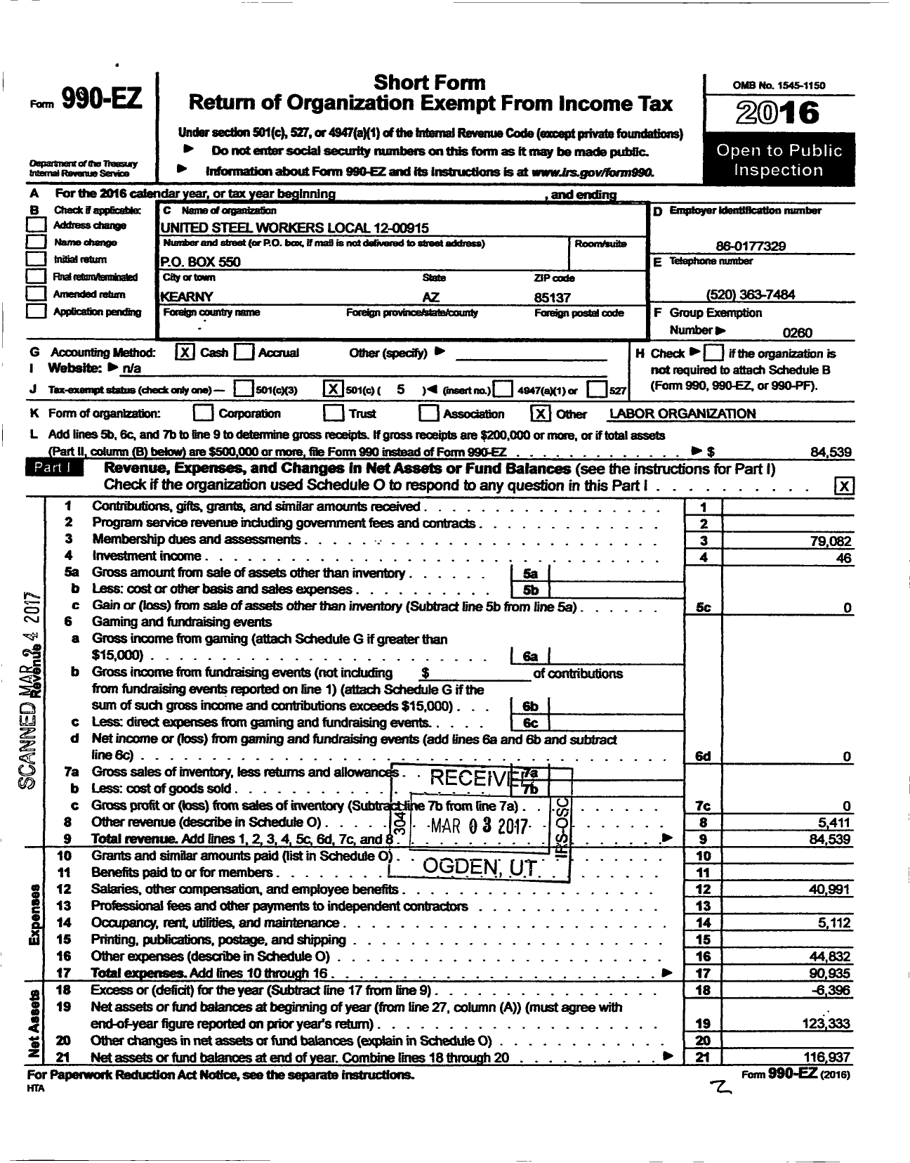 Image of first page of 2016 Form 990EO for United Steelworkers - 00915 Local