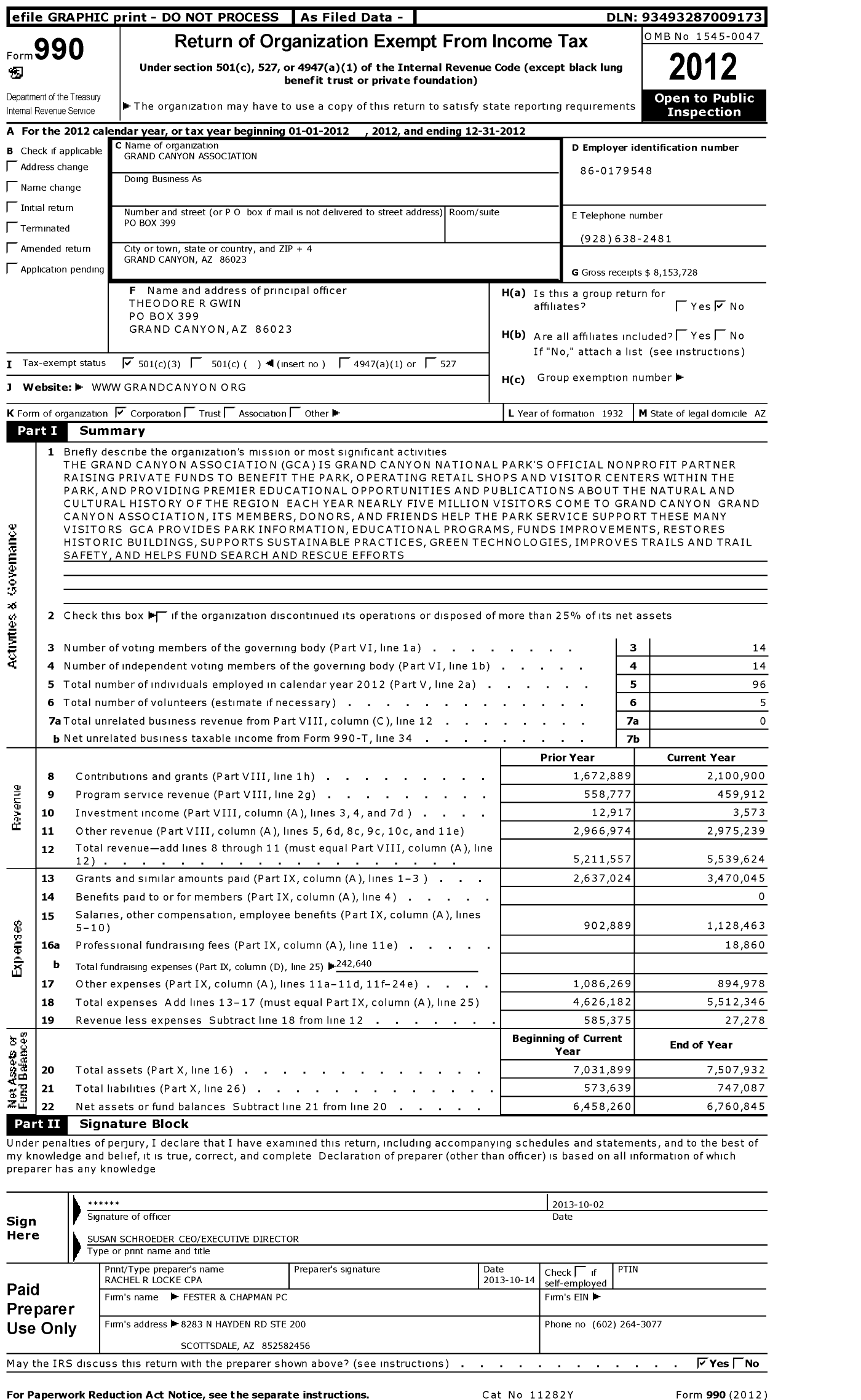 Image of first page of 2012 Form 990 for Grand Canyon Conservancy