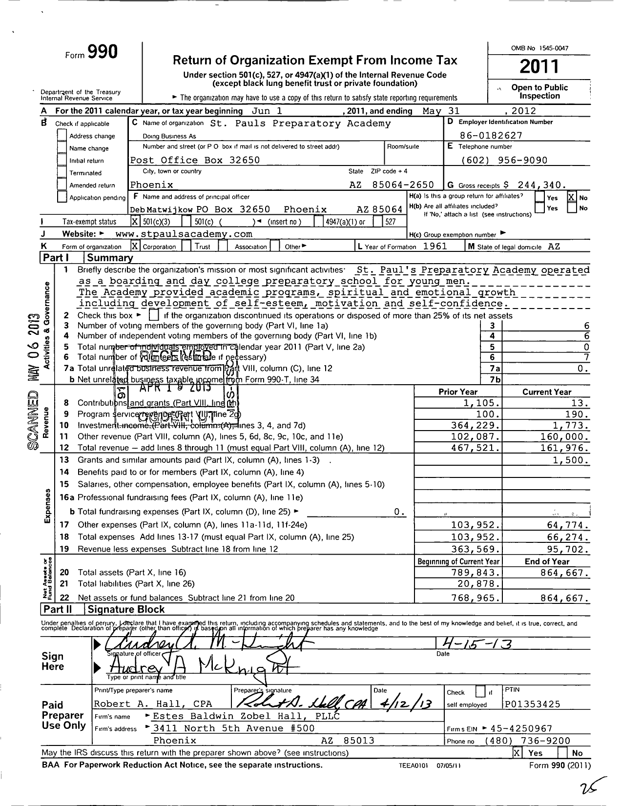 Image of first page of 2011 Form 990 for St Pauls Preparatory Academy