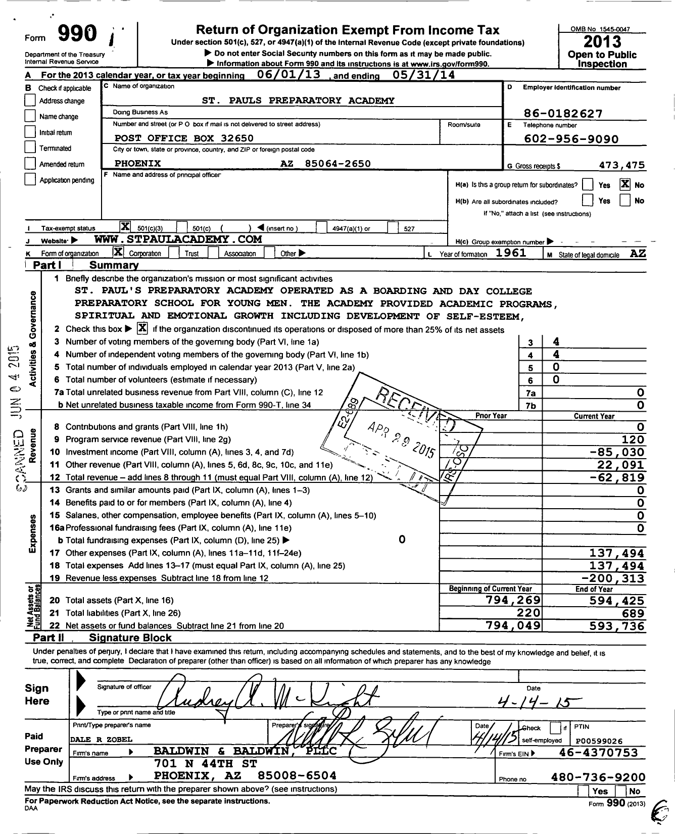 Image of first page of 2013 Form 990 for St Pauls Preparatory Academy