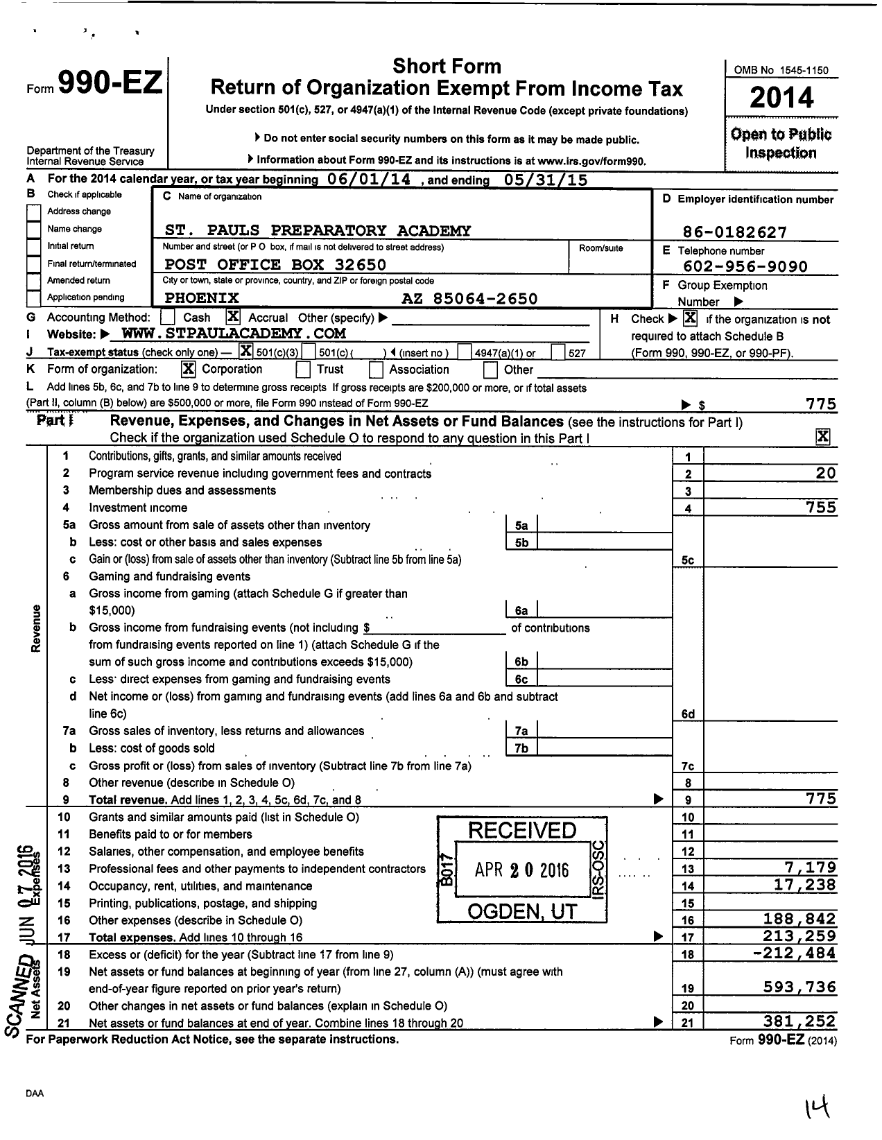 Image of first page of 2014 Form 990EZ for St Pauls Preparatory Academy