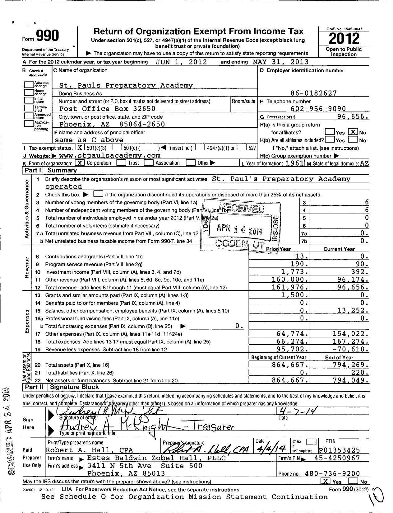 Image of first page of 2012 Form 990 for St Pauls Preparatory Academy