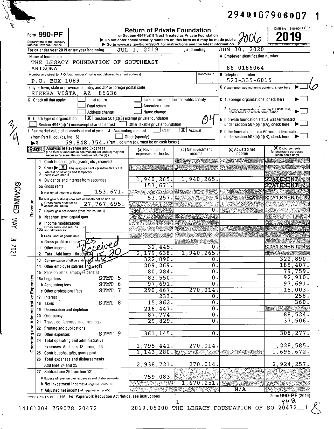 Image of first page of 2019 Form 990PF for Legacy Foundation of Southeast Arizona