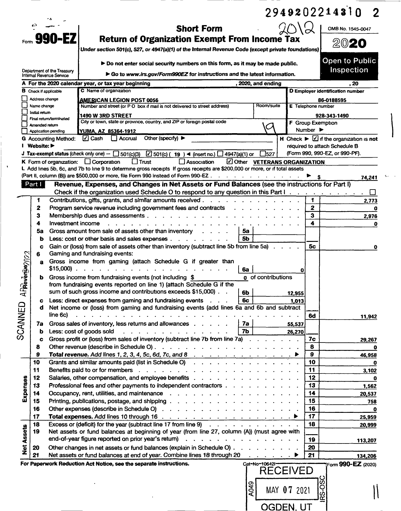 Image of first page of 2020 Form 990EO for American Legion - 0056 Floyd George Jefferson Post