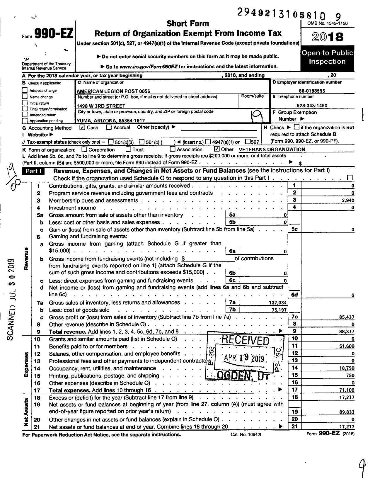 Image of first page of 2018 Form 990EO for American Legion - 0056 Floyd George Jefferson Post