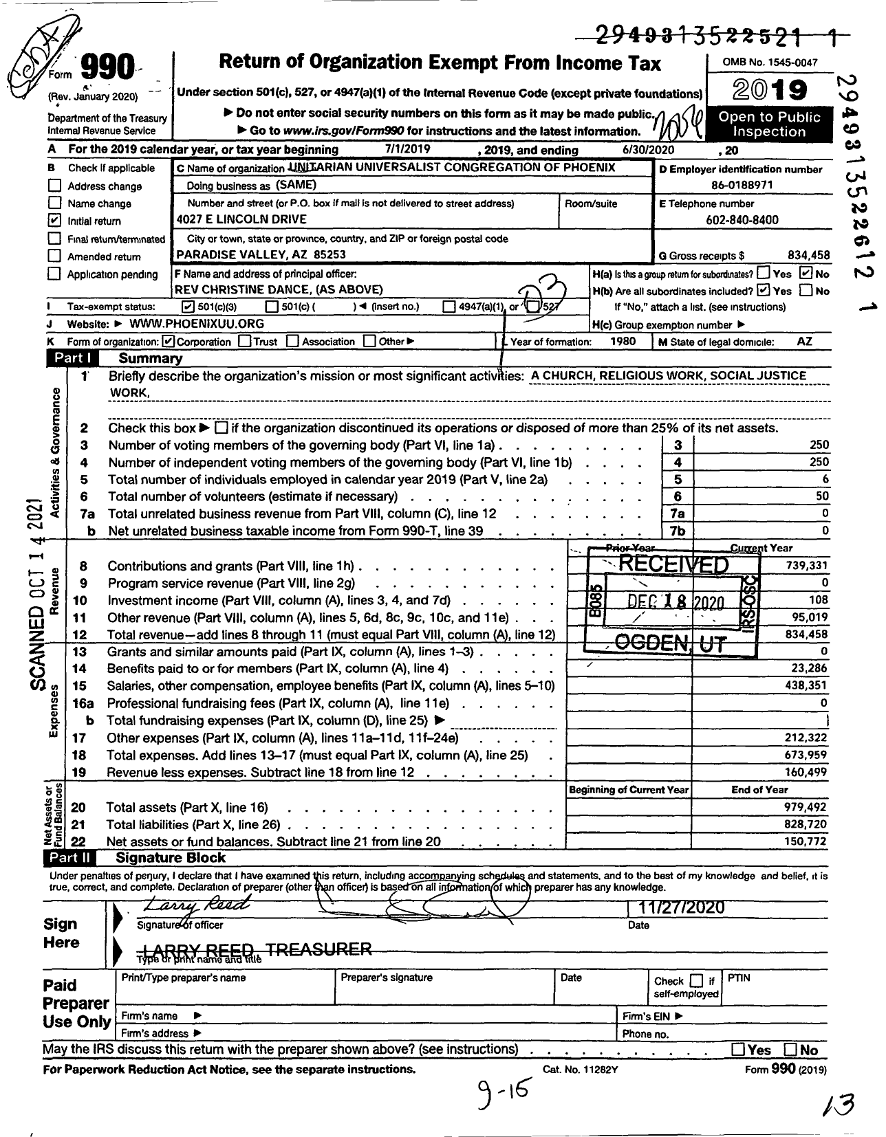 Image of first page of 2019 Form 990 for Unitarian Universalist Congregation of Phoenix