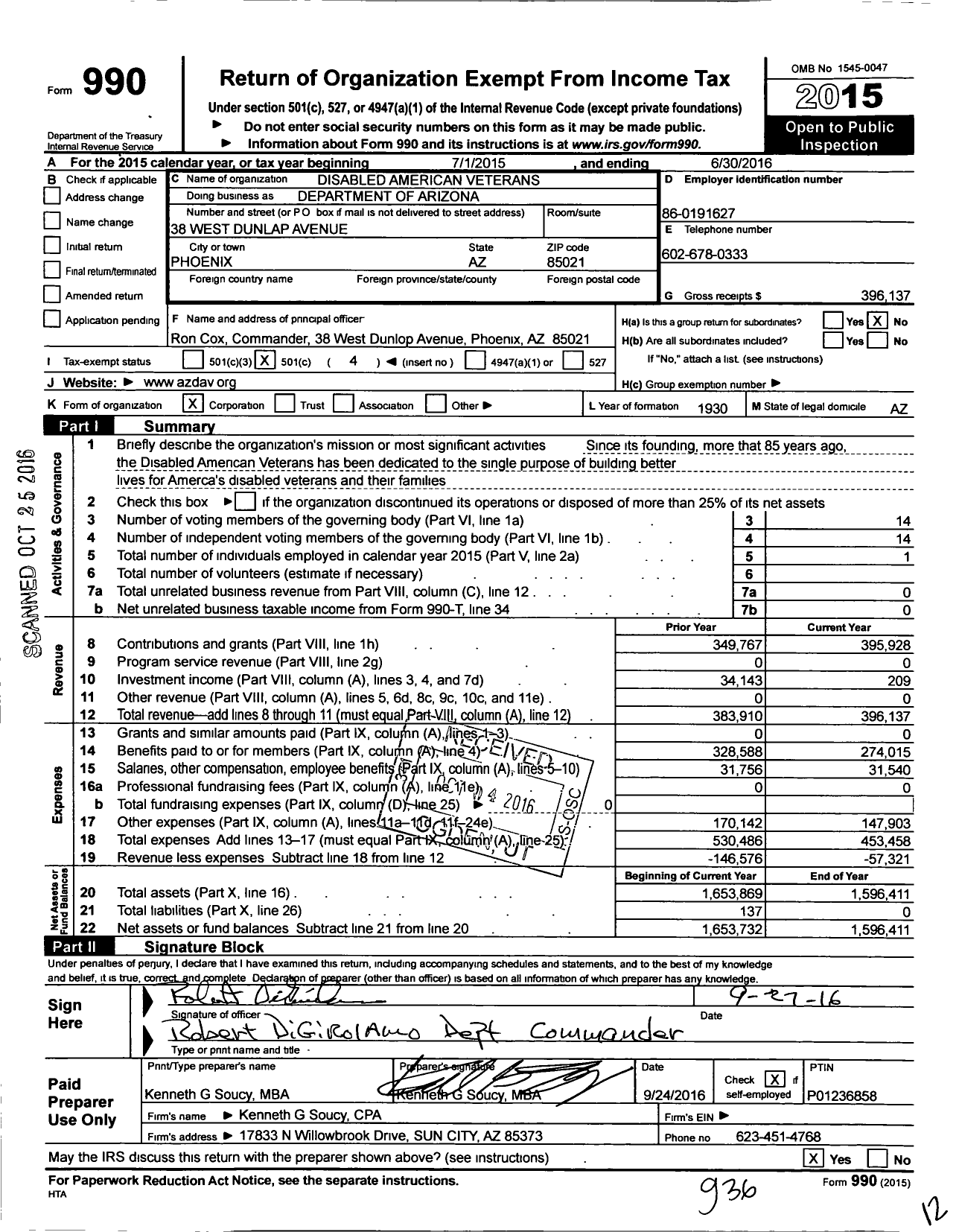 Image of first page of 2015 Form 990O for Disabled American Veterans Department of Arizona
