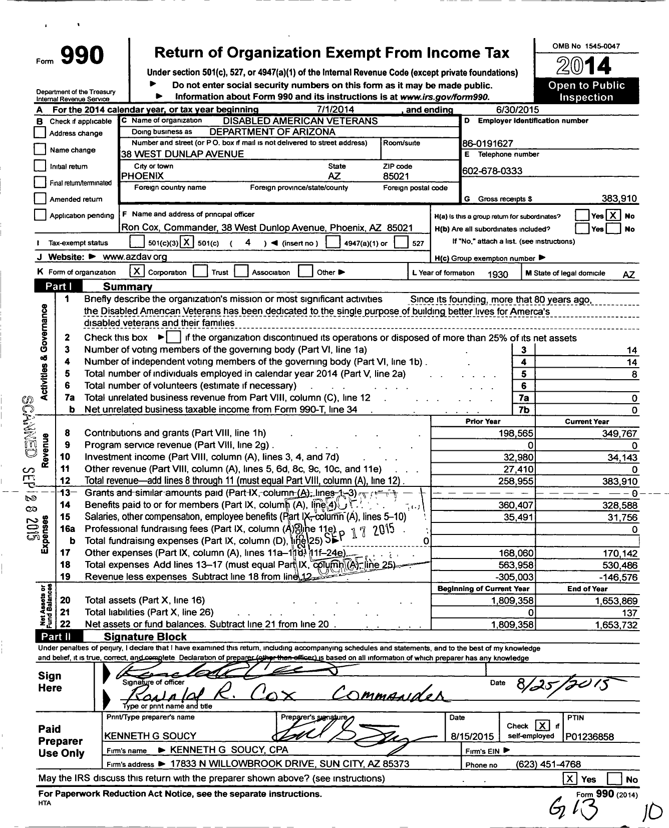 Image of first page of 2014 Form 990O for Disabled American Veterans Department of Arizona