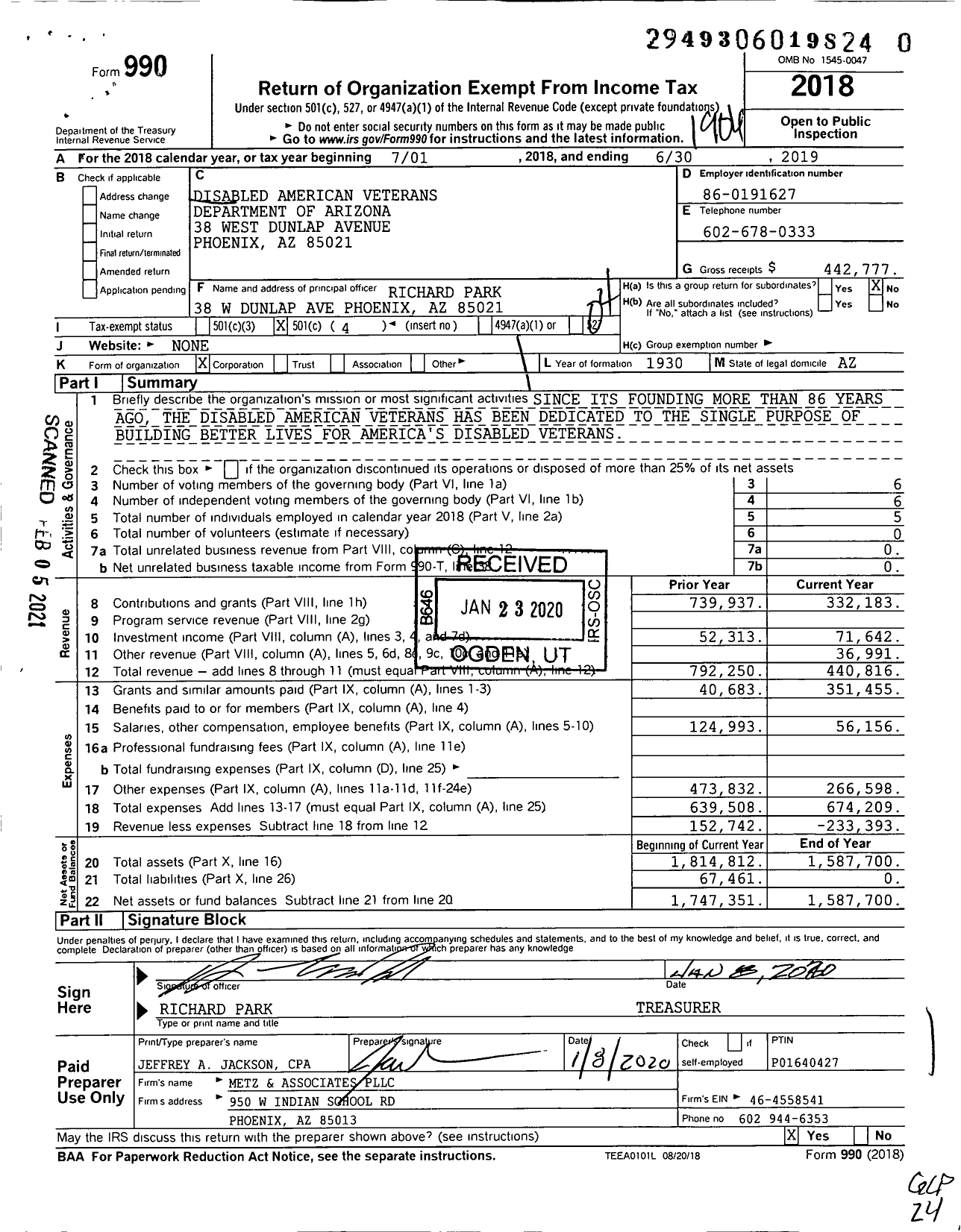 Image of first page of 2018 Form 990O for Disabled American Veterans - Dept of Arizona