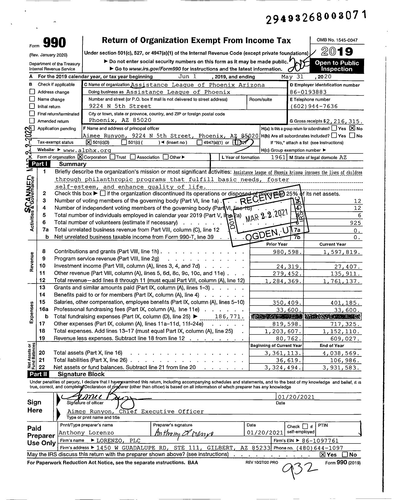Image of first page of 2019 Form 990 for Assistance League of Phoenix