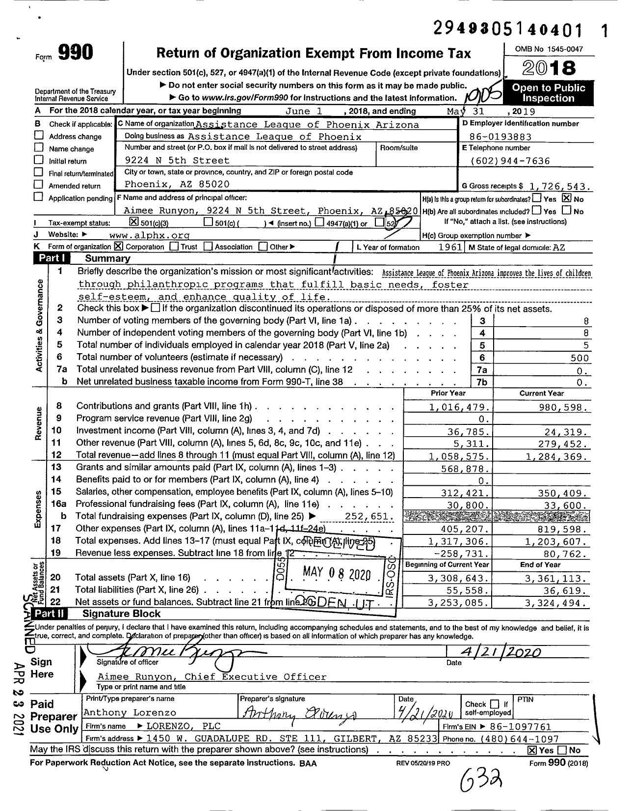 Image of first page of 2018 Form 990 for Assistance League of Phoenix