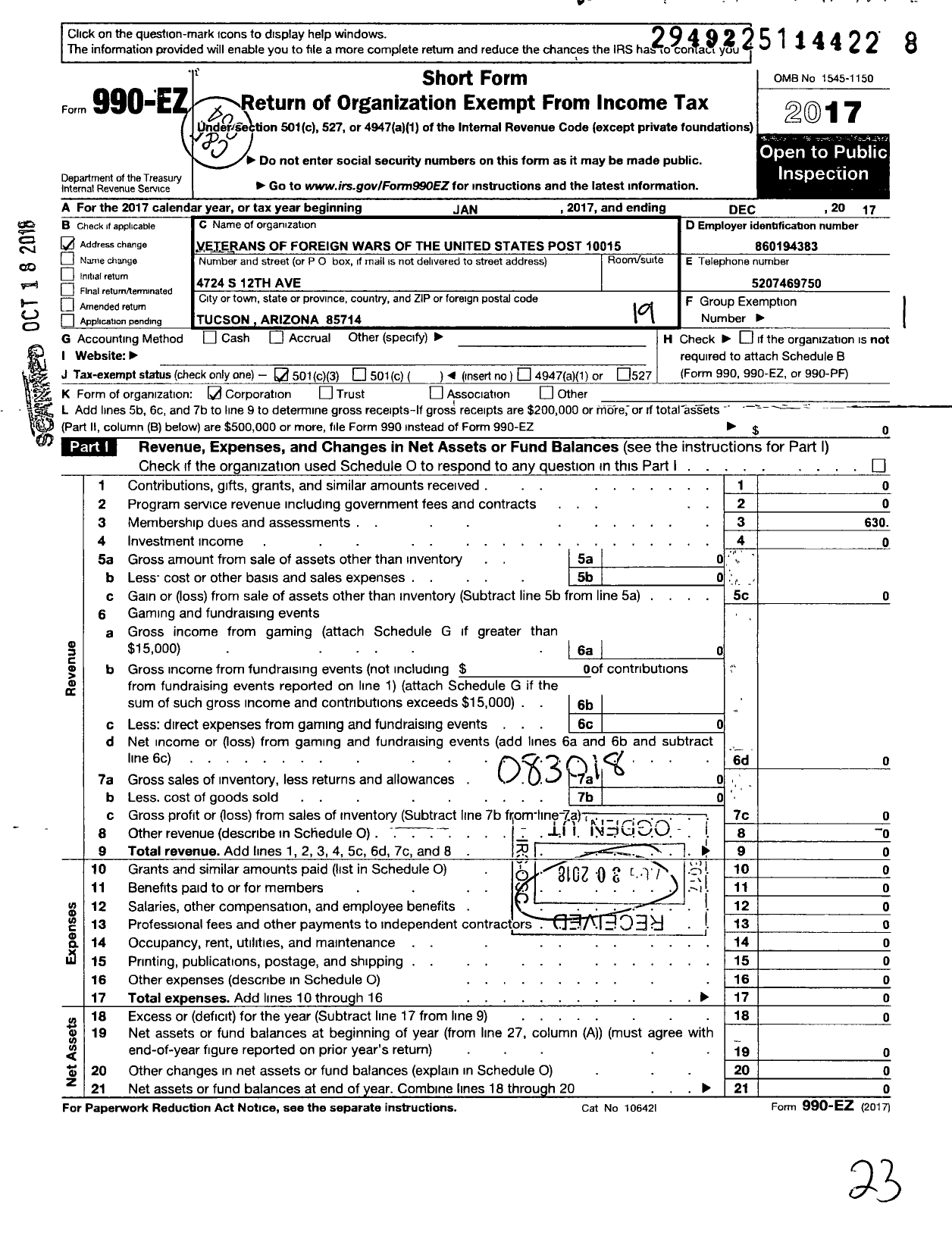 Image of first page of 2017 Form 990EO for Veterans of Foreign Wars of Arizona - 10015 Col Lowell H Smith Post