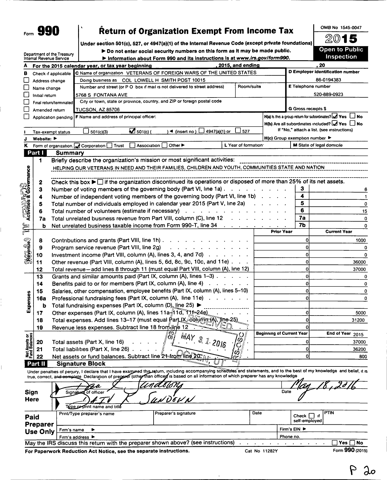 Image of first page of 2015 Form 990O for Veterans of Foreign Wars of Arizona - 10015 Col Lowell H Smith Post