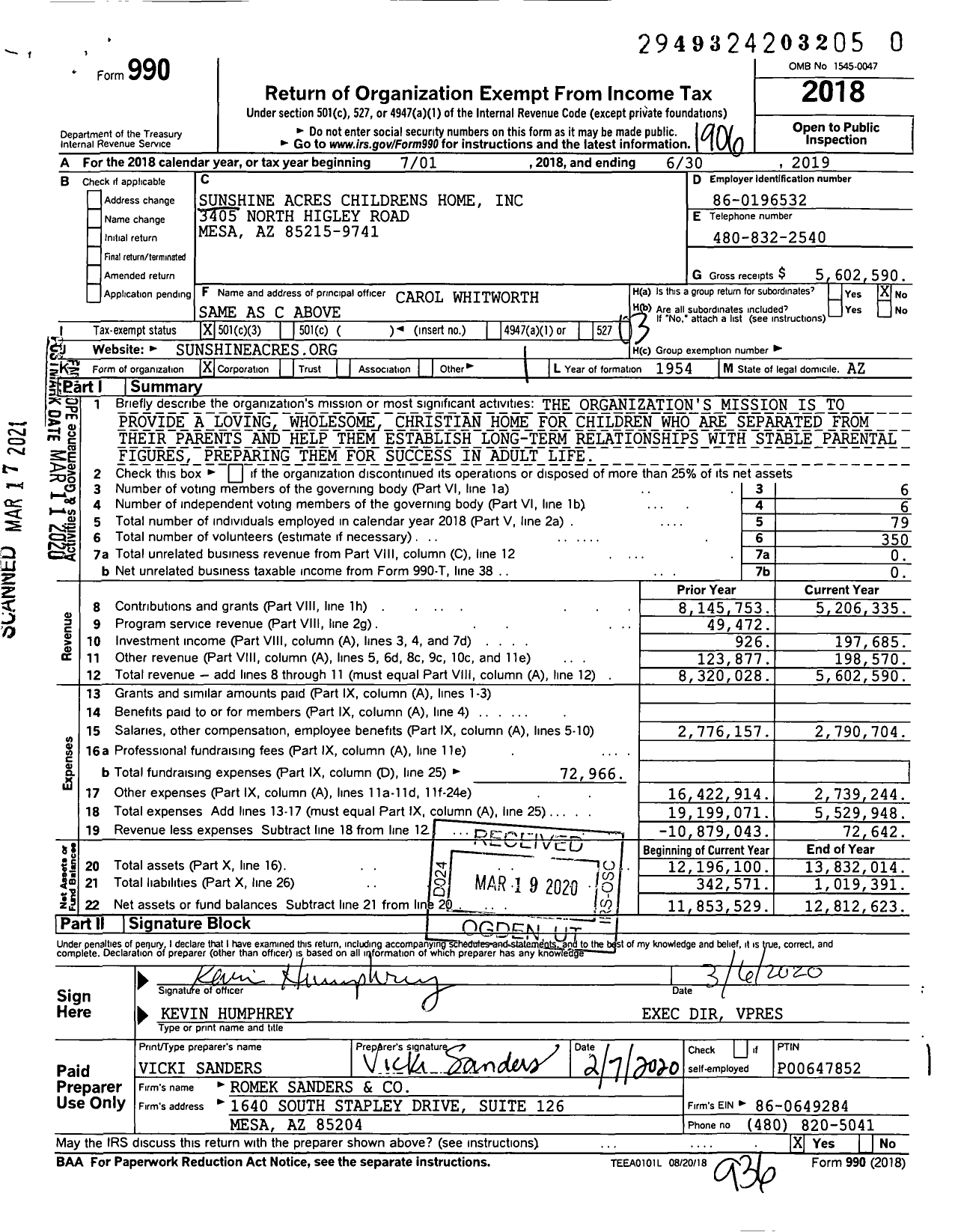 Image of first page of 2018 Form 990 for Sunshine Acres Children's Home