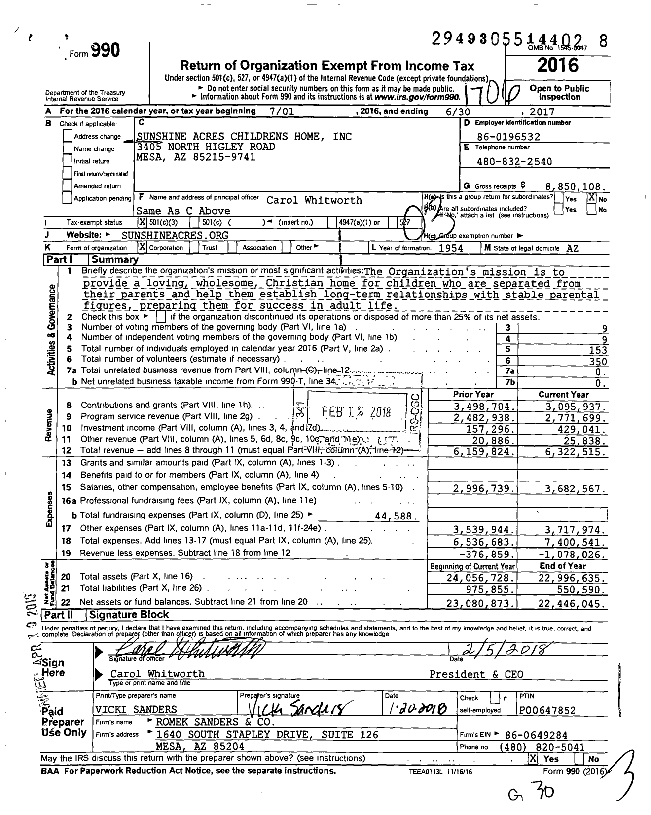 Image of first page of 2016 Form 990 for Sunshine Acres Children's Home