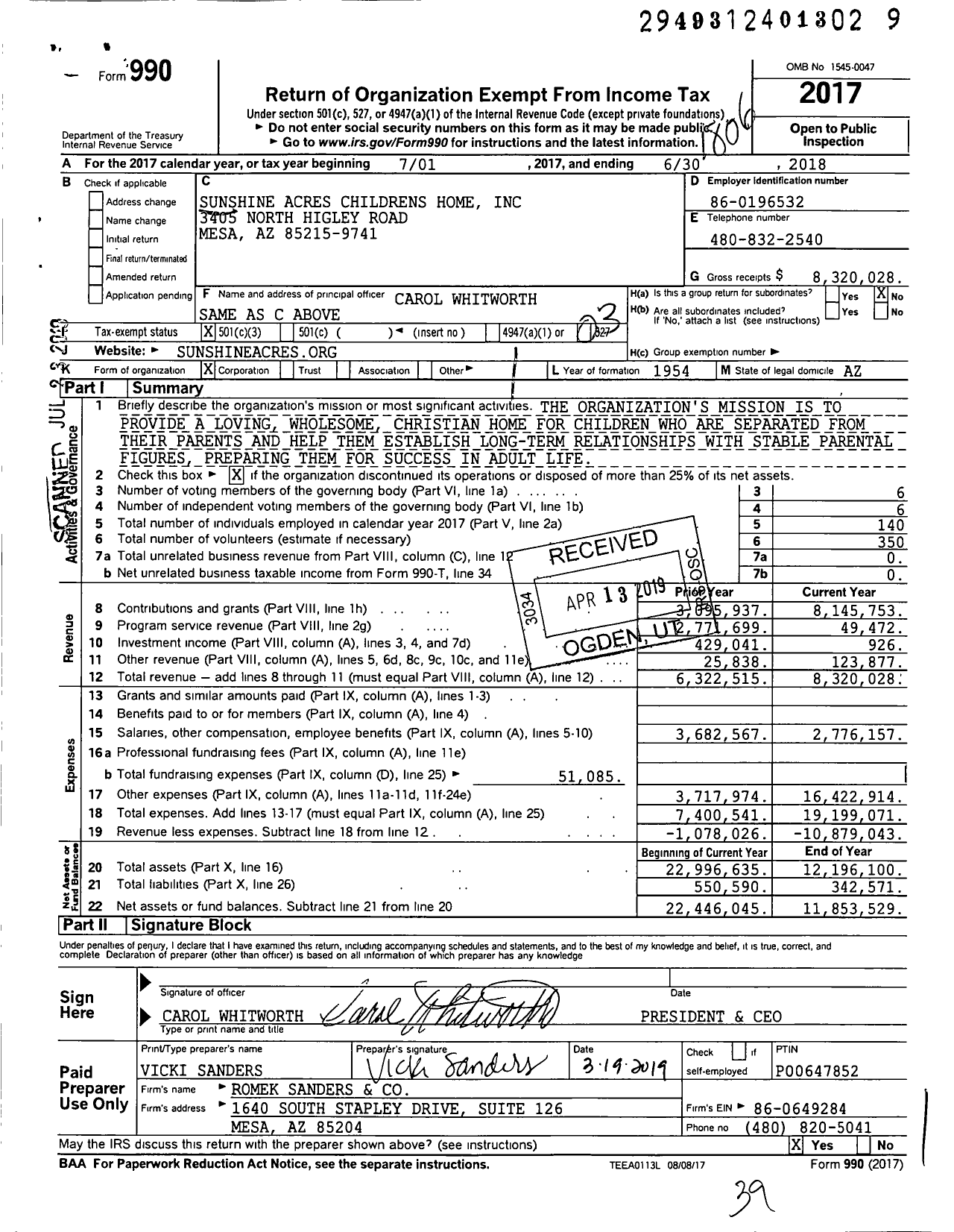 Image of first page of 2017 Form 990 for Sunshine Acres Children's Home