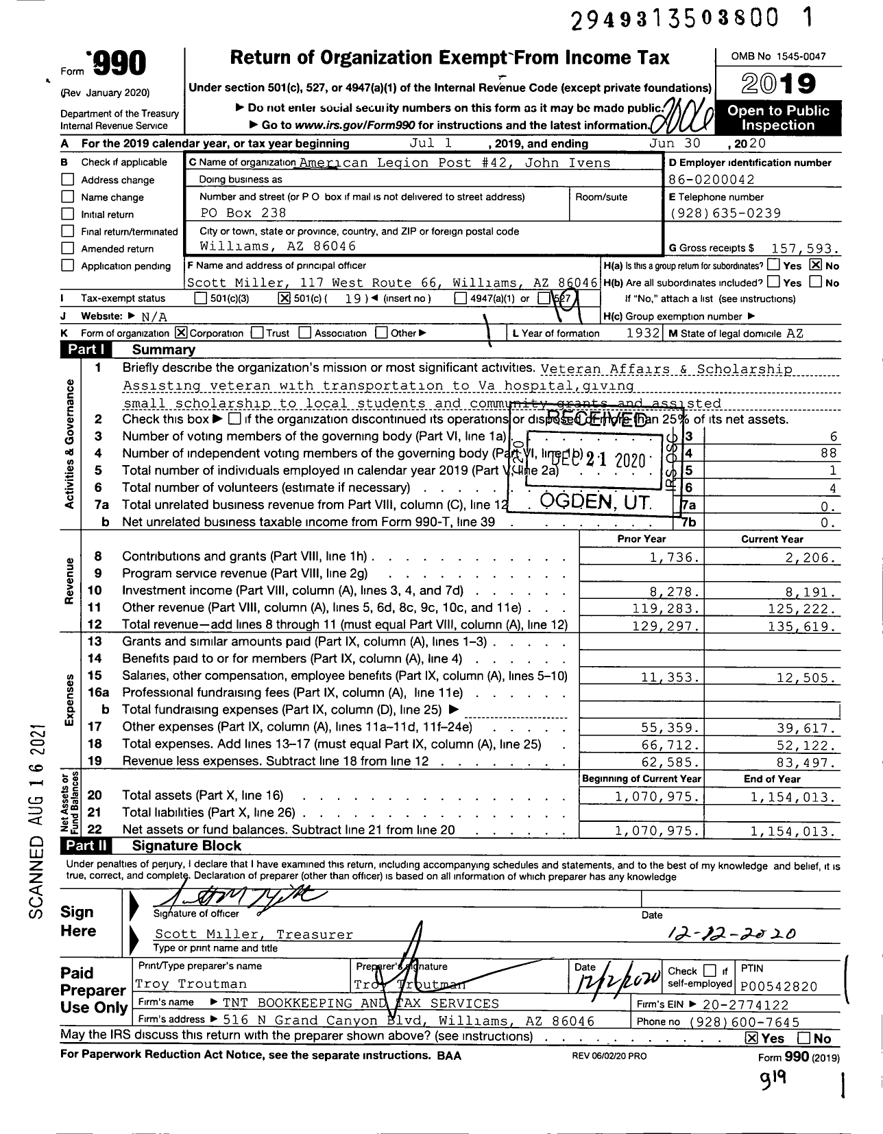 Image of first page of 2019 Form 990O for American Legion - 42 John Ivens Az Post