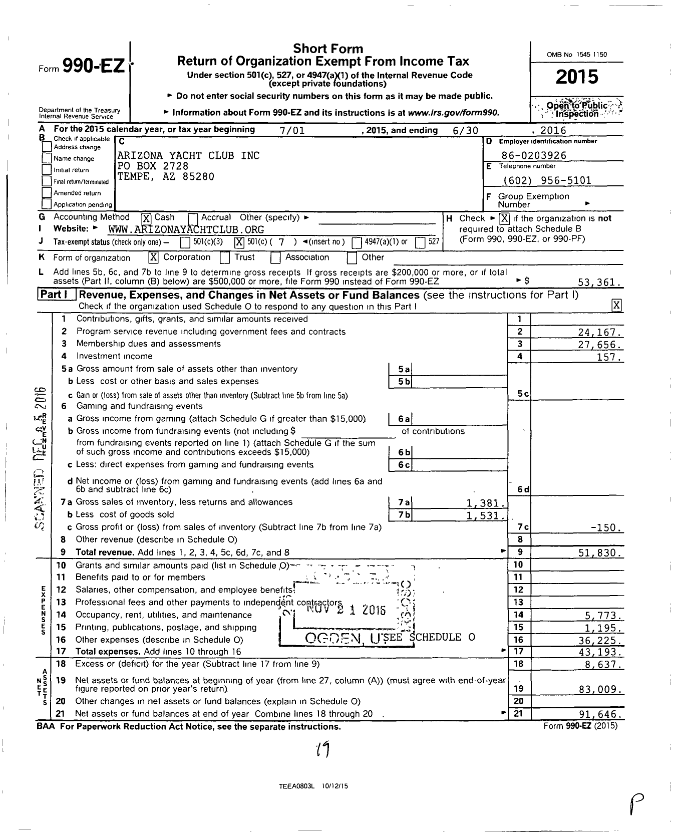 Image of first page of 2015 Form 990EO for Arizona Yacht Club