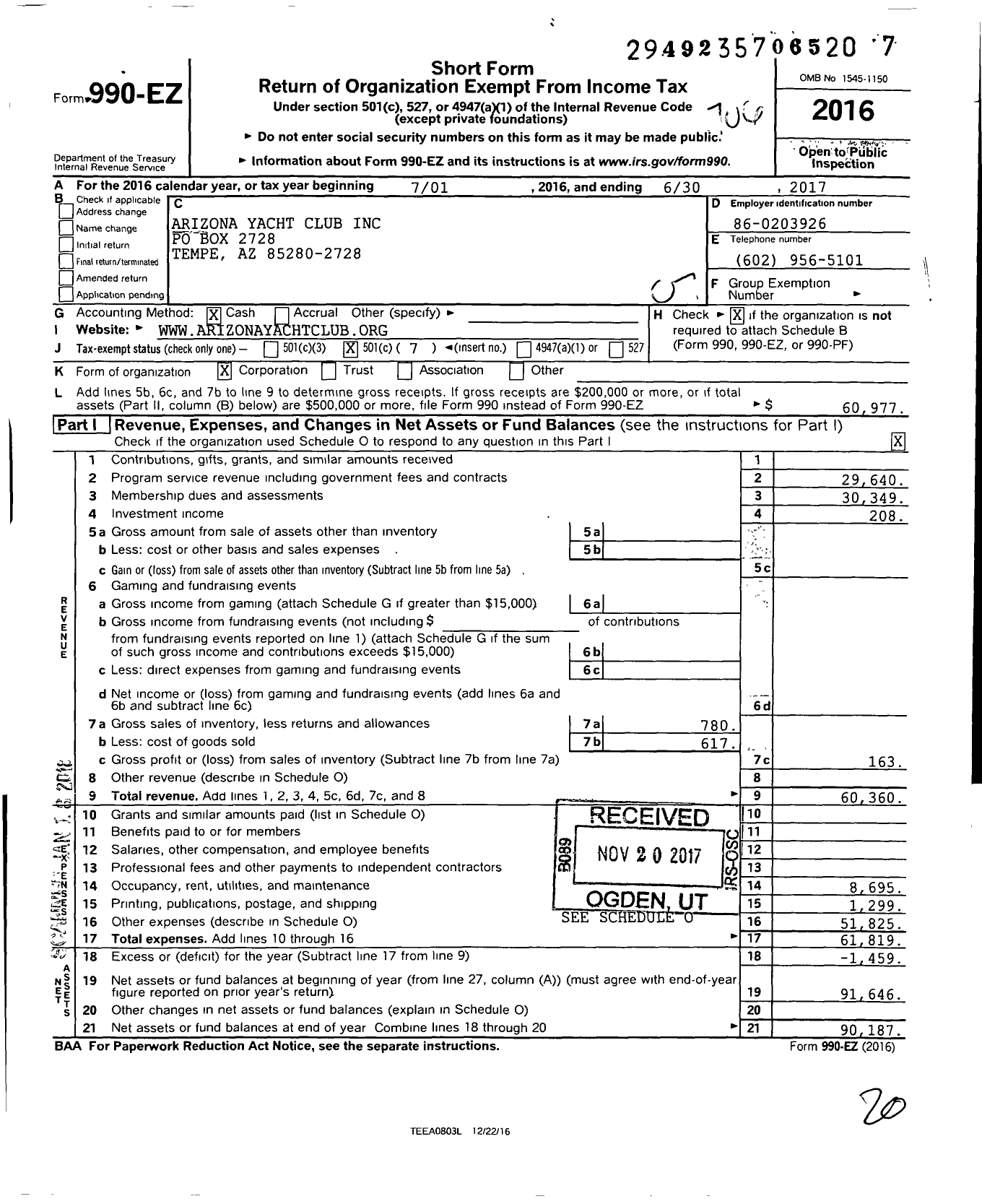 Image of first page of 2016 Form 990EO for Arizona Yacht Club