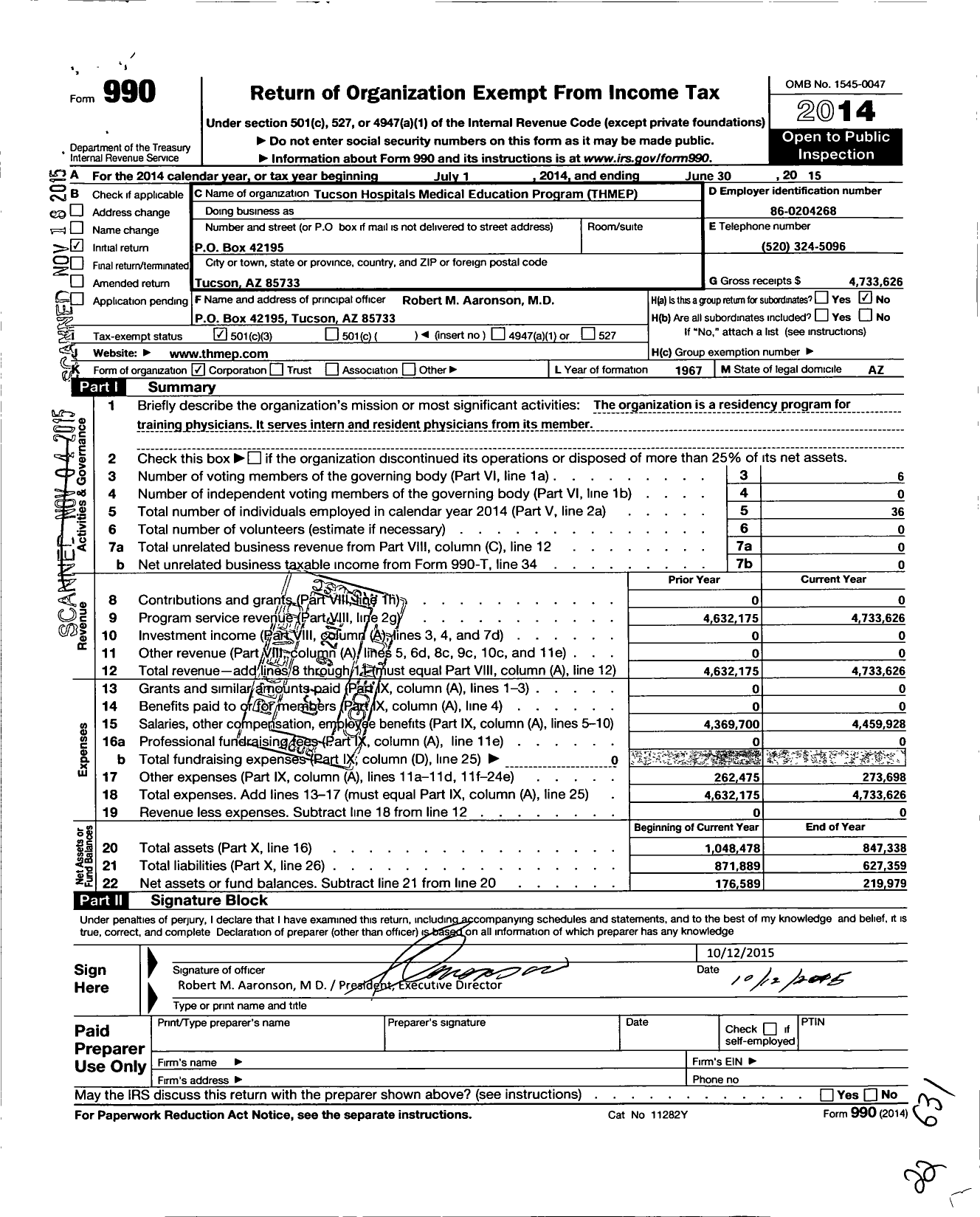 Image of first page of 2014 Form 990 for Tucson Hospital Medical Education Program (THMEP)