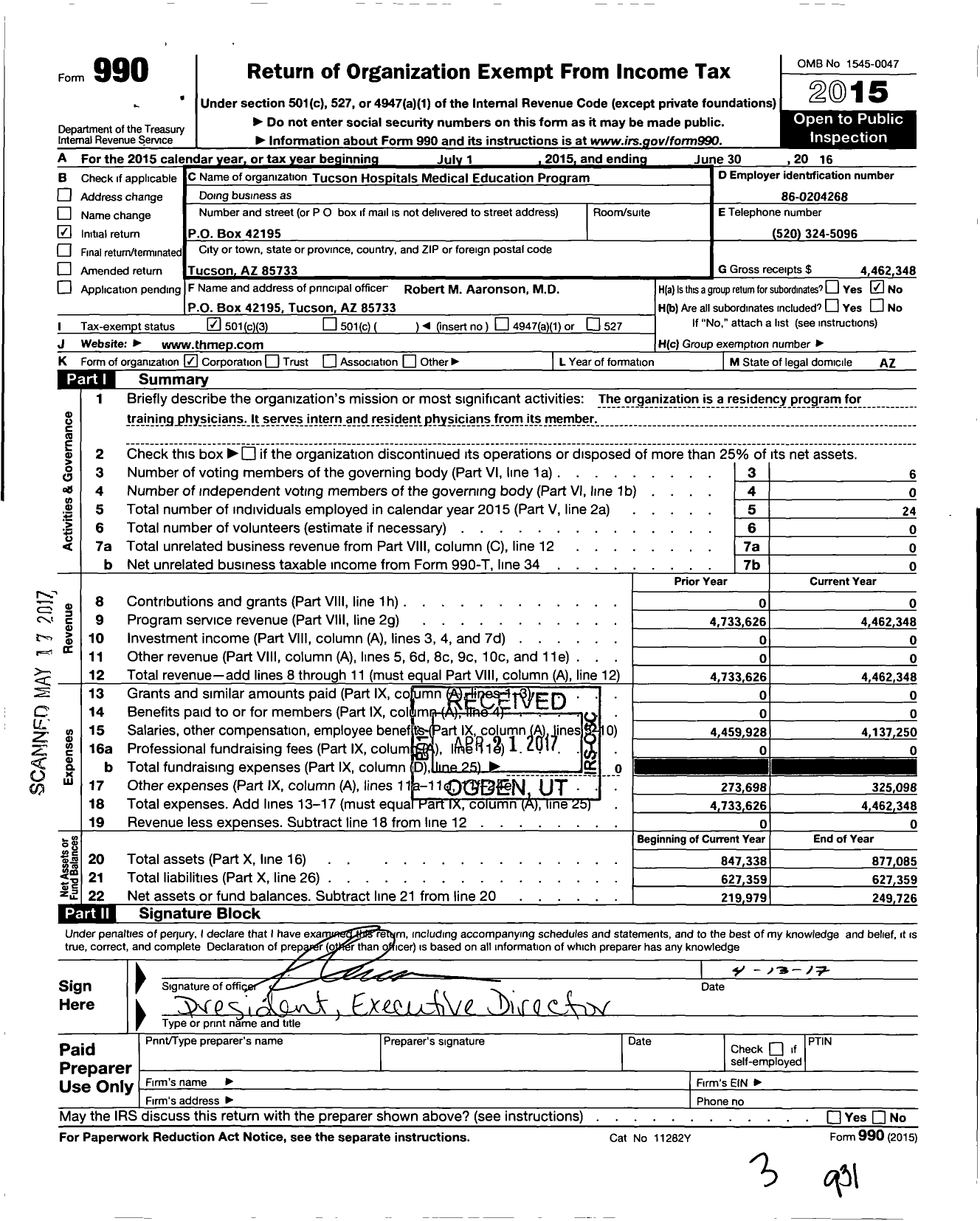 Image of first page of 2015 Form 990 for Tucson Hospital Medical Education Program (THMEP)