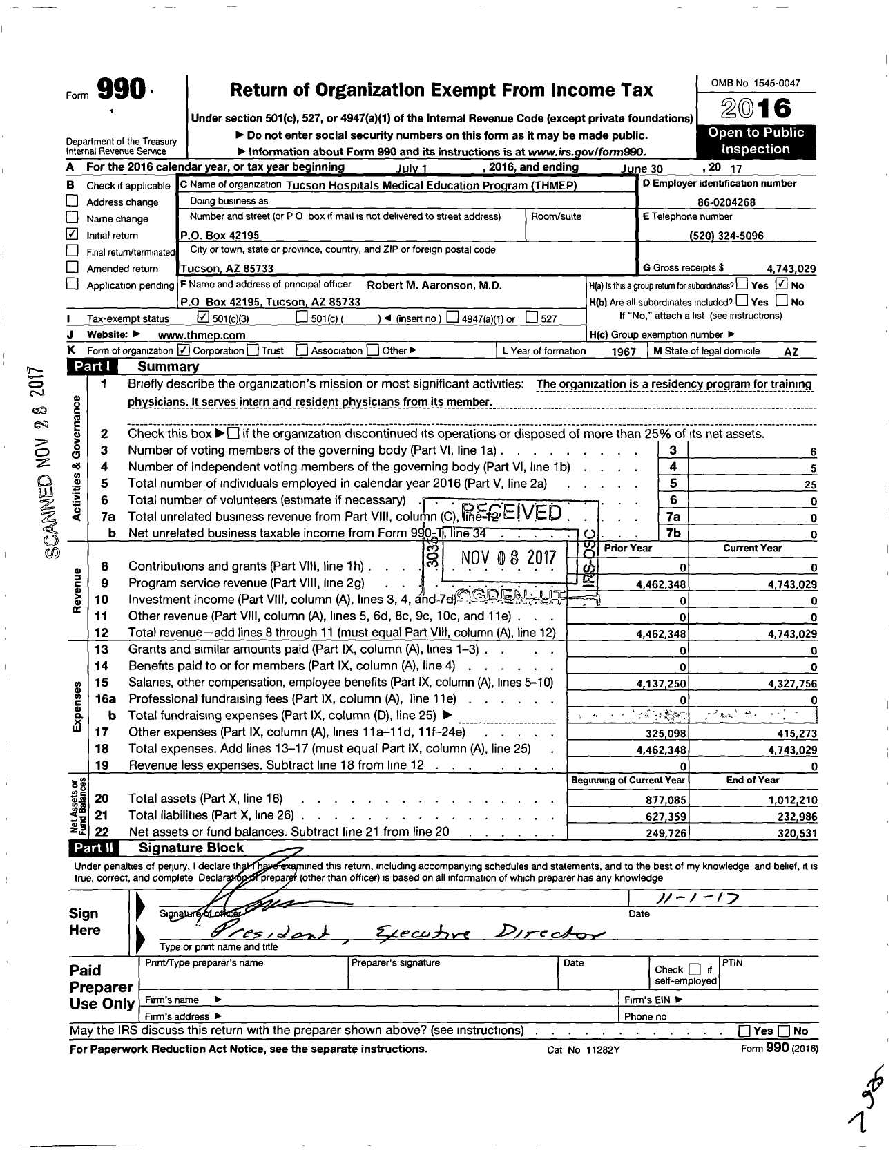 Image of first page of 2016 Form 990 for Tucson Hospital Medical Education Program (THMEP)