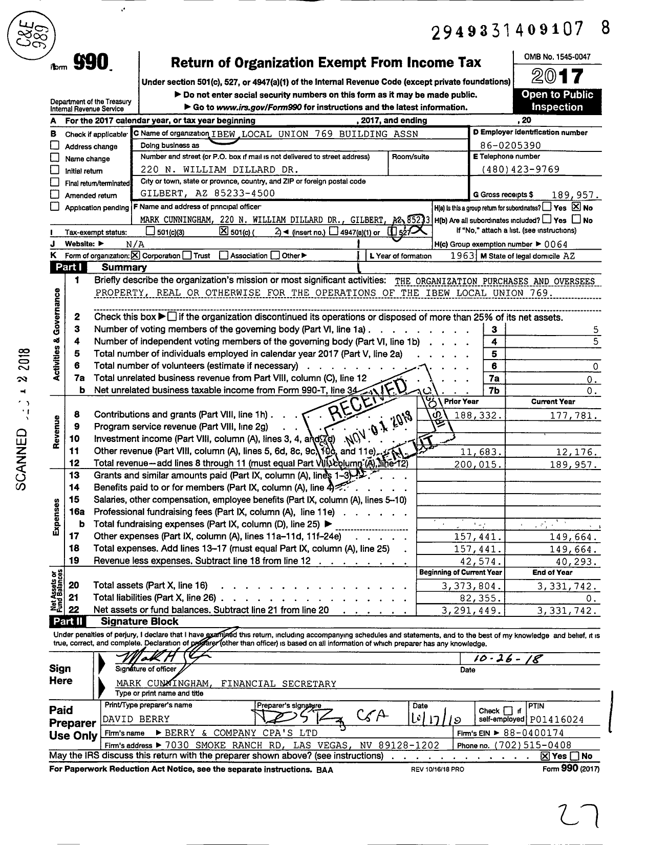 Image of first page of 2017 Form 990O for Local 769 IBEW Building Association