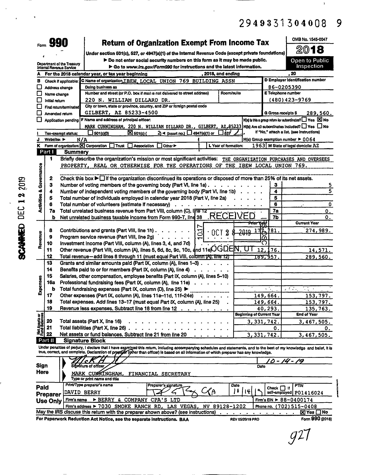 Image of first page of 2018 Form 990O for Local 769 IBEW Building Association