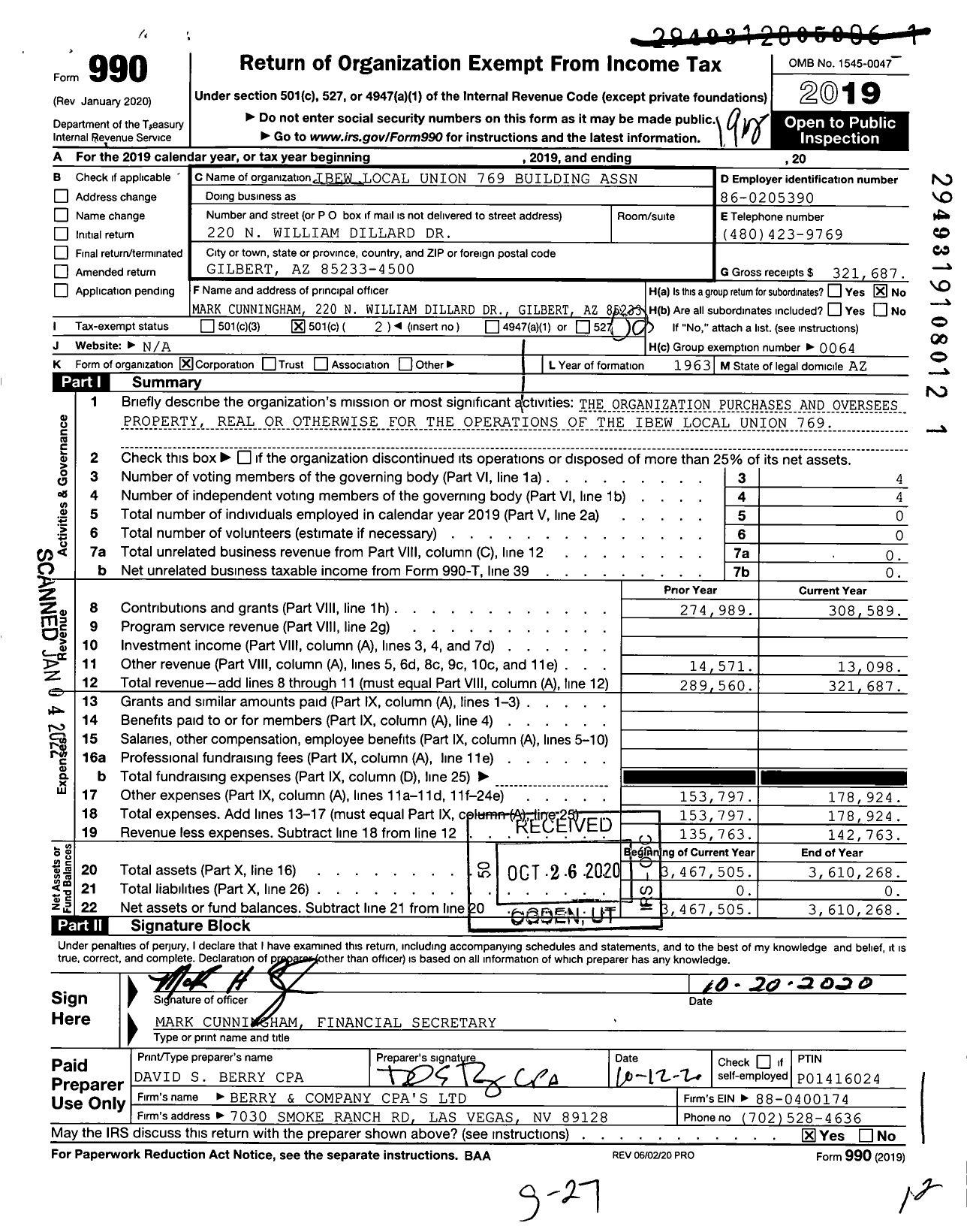 Image of first page of 2019 Form 990O for Local 769 IBEW Building Association