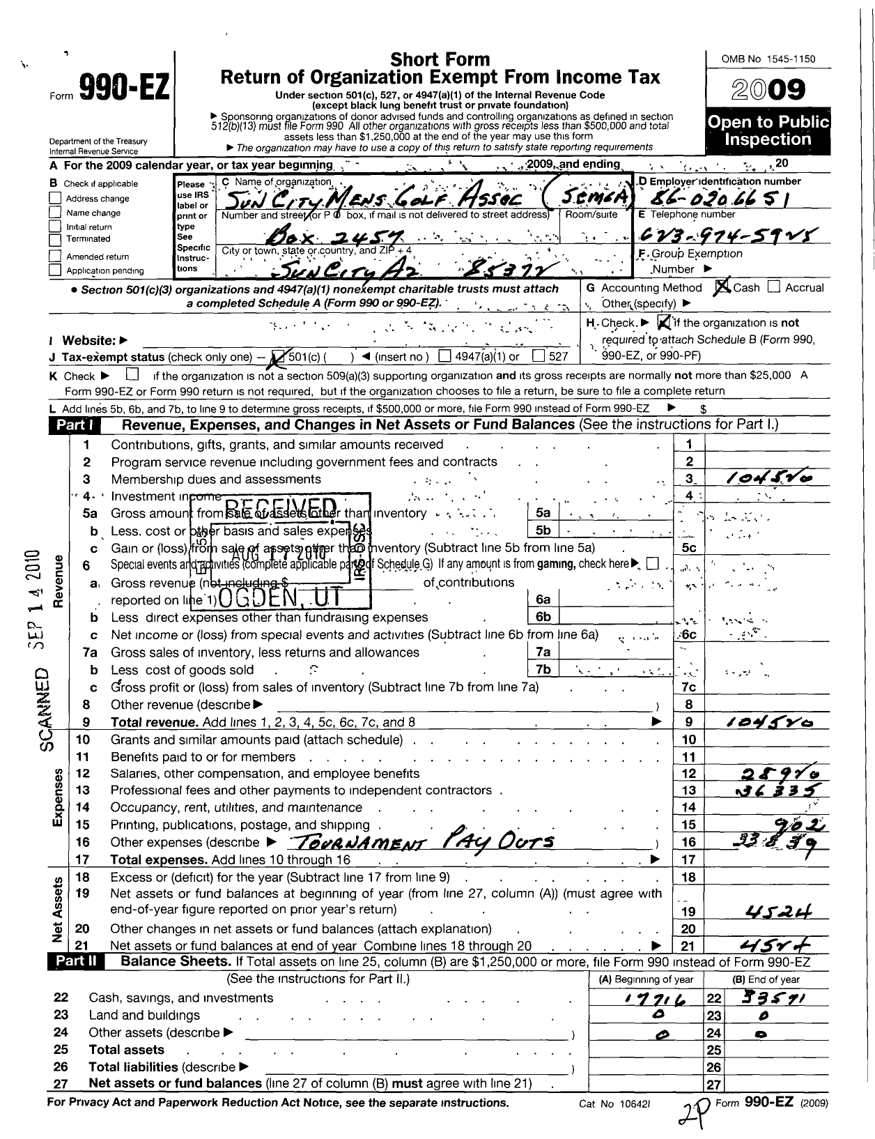 Image of first page of 2009 Form 990EO for Sun City Mens Golf Association