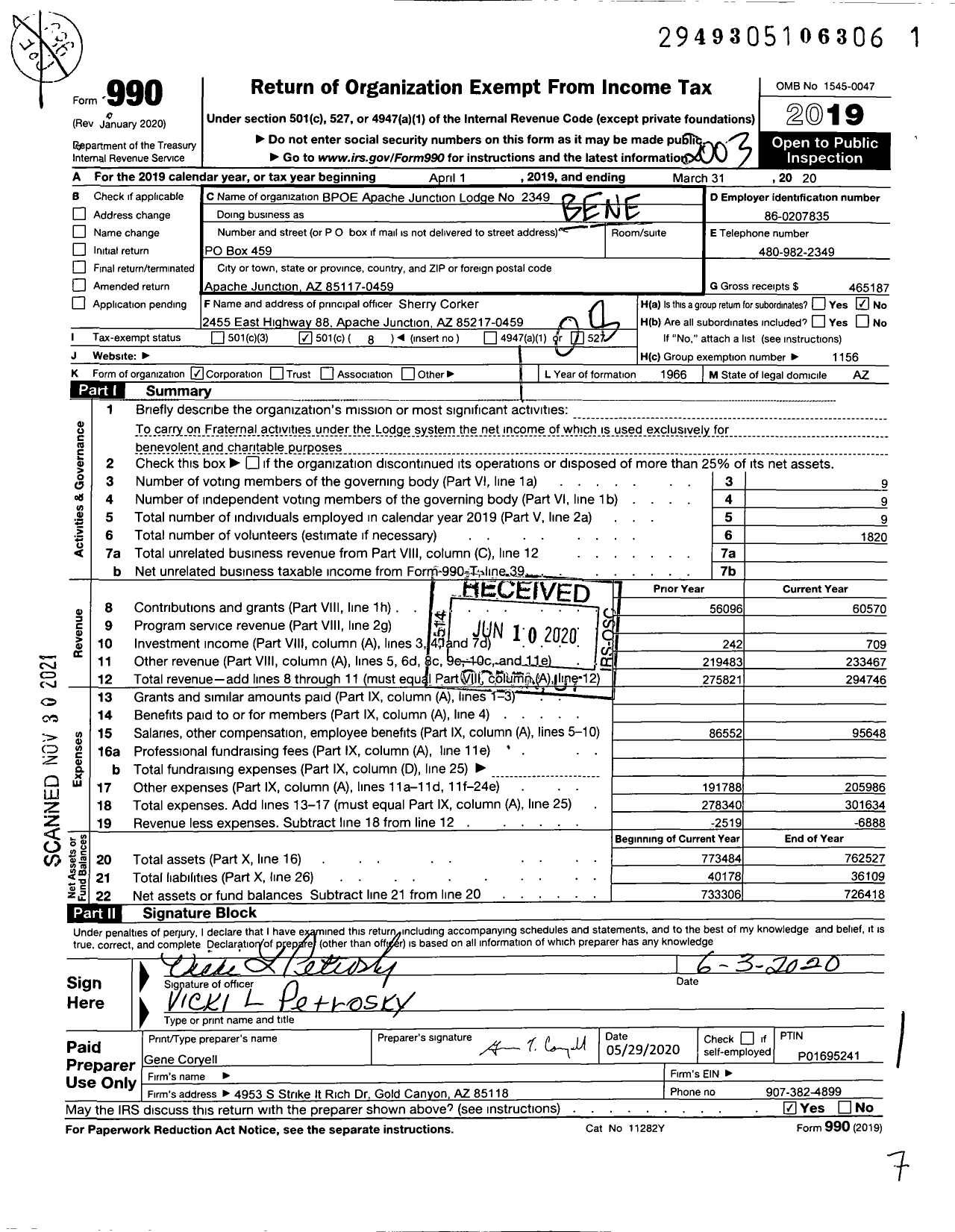 Image of first page of 2019 Form 990O for Benevolent and Protective Order of Elks - BPOE Elks Lodge #2349