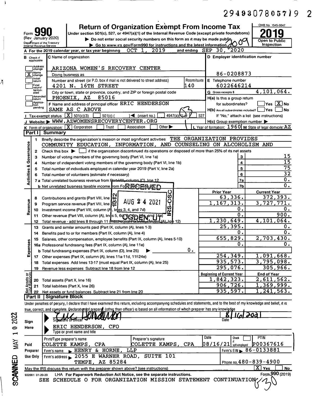 Image of first page of 2019 Form 990 for Arizona Women's Recovery Center (NCADD)