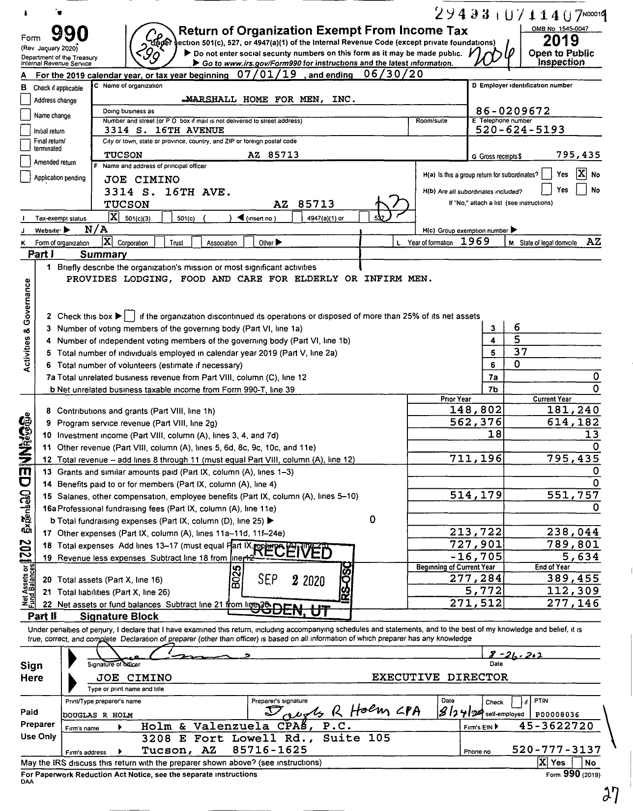 Image of first page of 2019 Form 990 for Marshall Home for Men