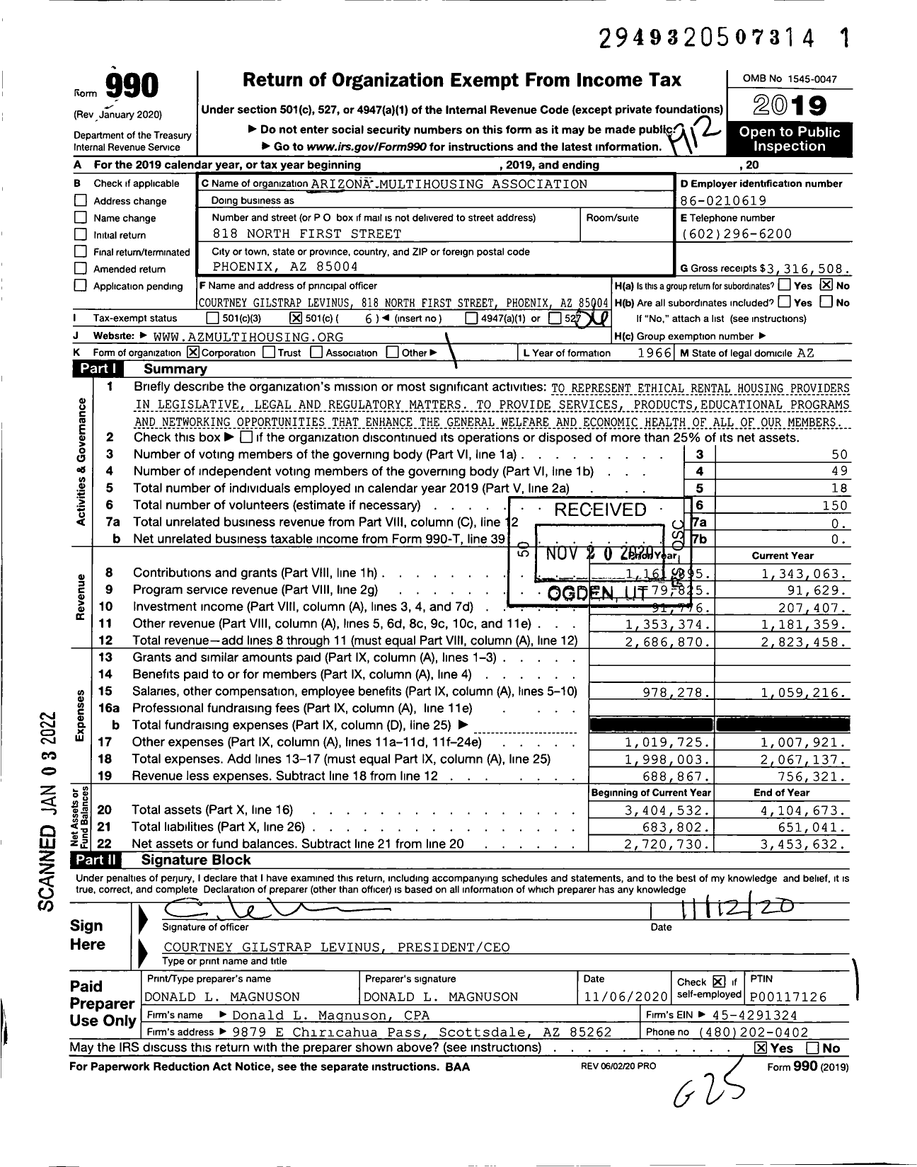 Image of first page of 2019 Form 990O for Arizona Multihousing Association