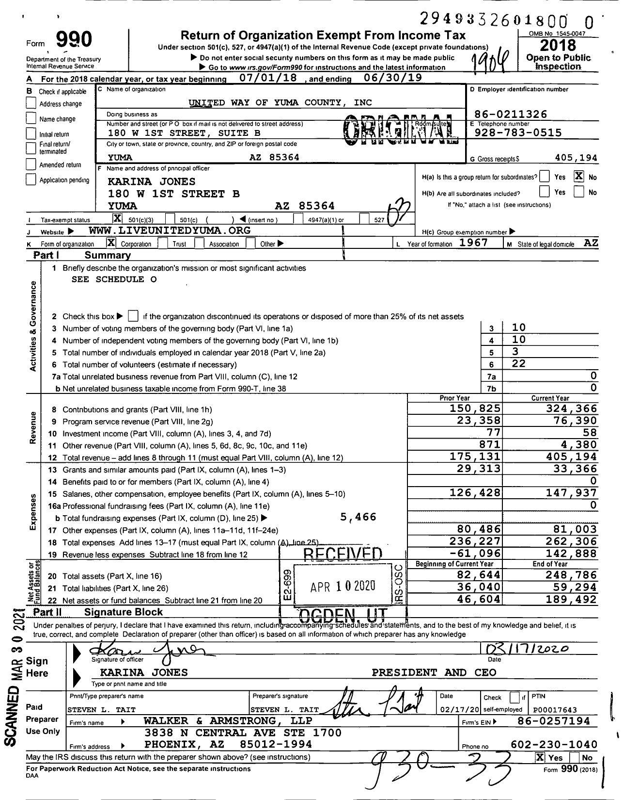 Image of first page of 2018 Form 990 for United Way of Yuma County