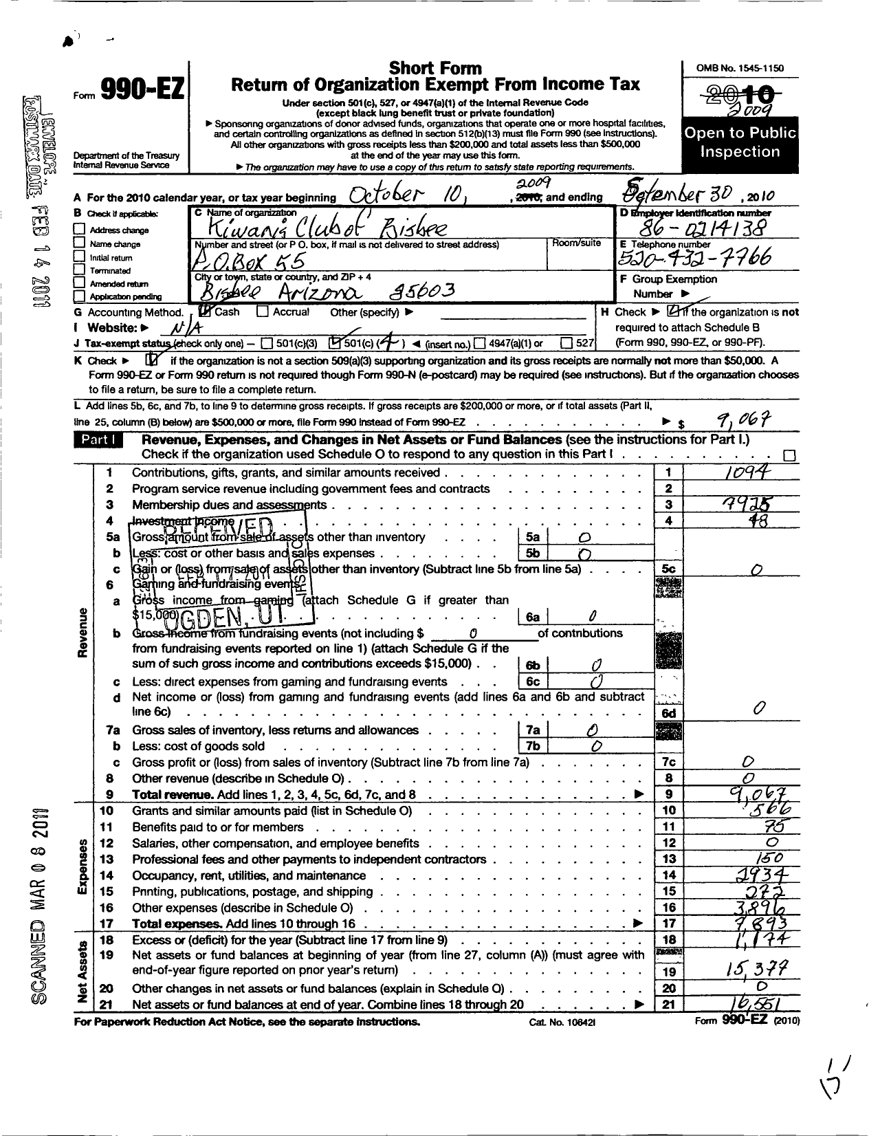 Image of first page of 2009 Form 990EO for Kiwanis International - K01179 Bisbee