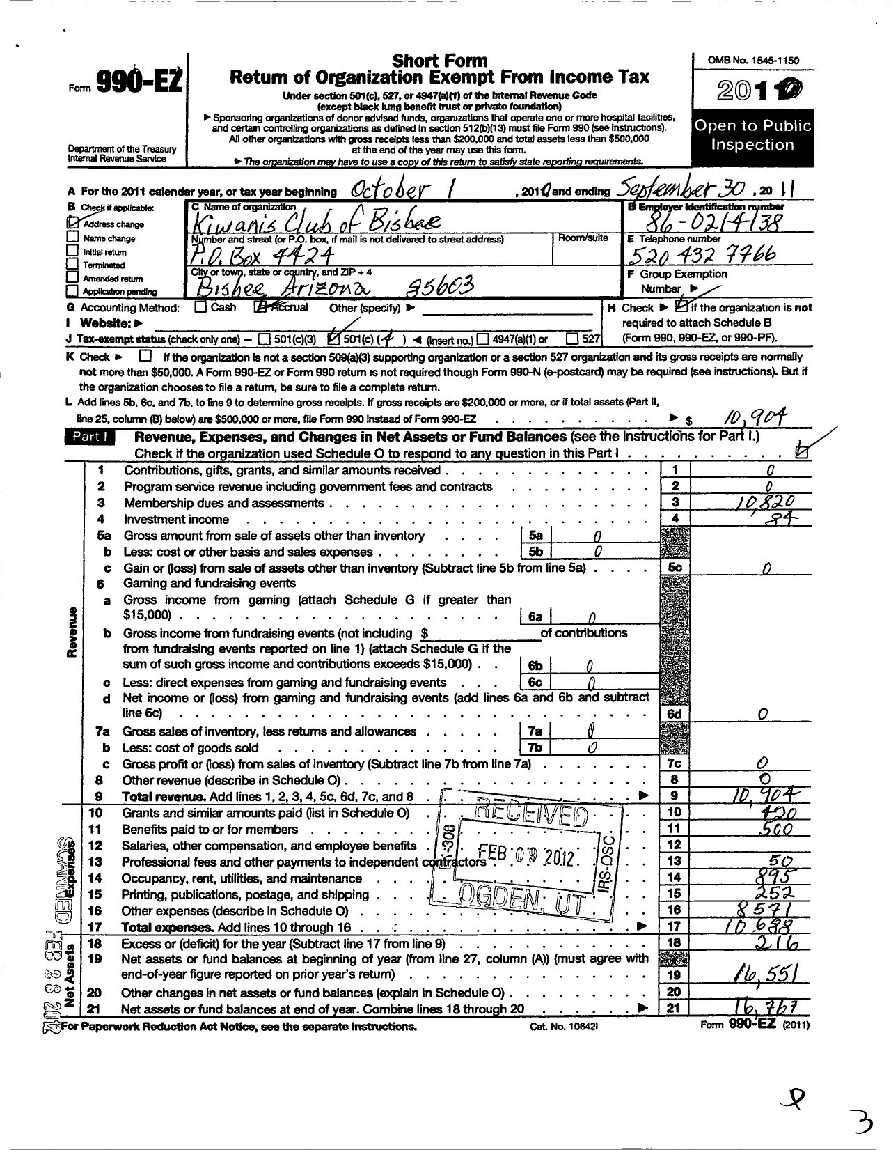 Image of first page of 2010 Form 990EO for Kiwanis International - K01179 Bisbee