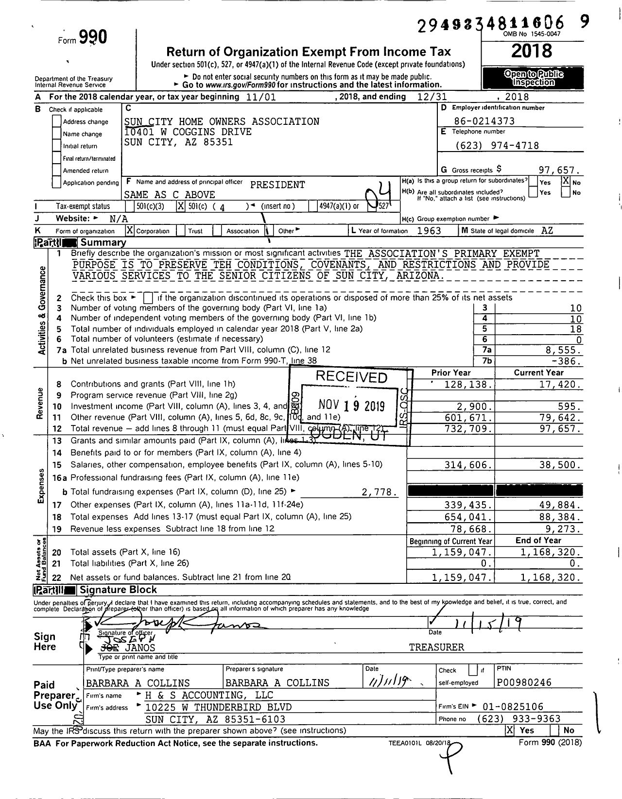 Image of first page of 2018 Form 990O for Sun City Home Owners Association