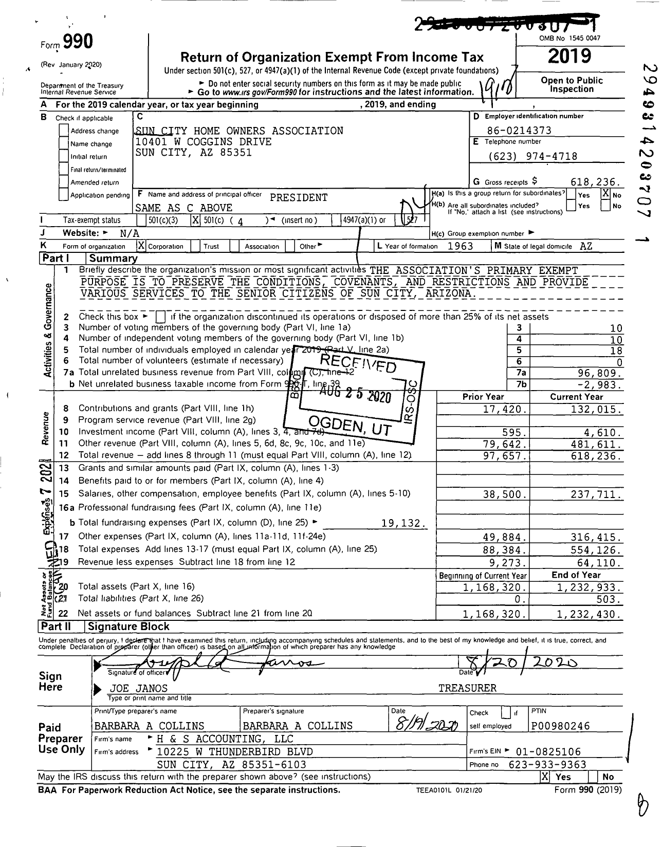 Image of first page of 2019 Form 990O for Sun City Home Owners Association