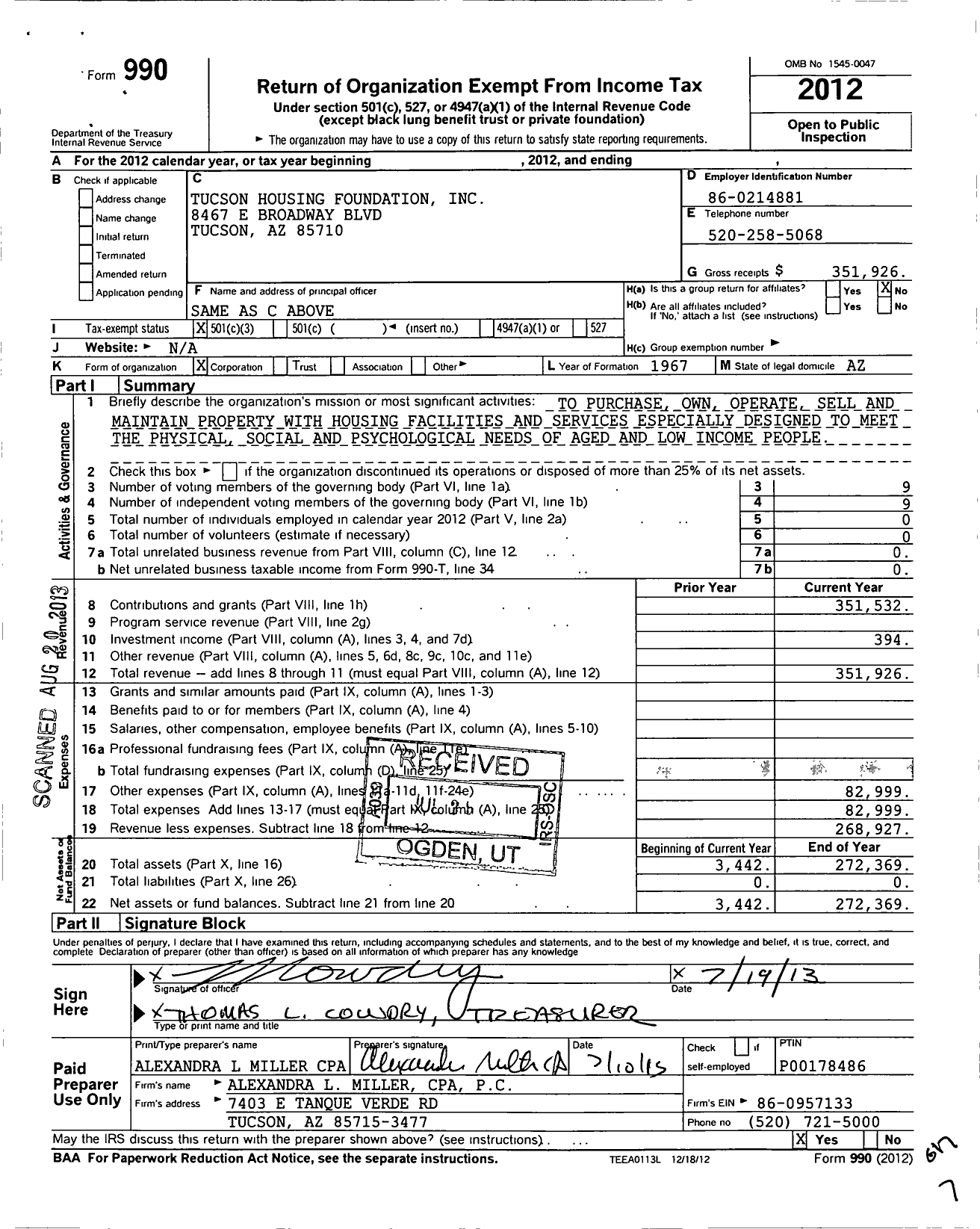 Image of first page of 2012 Form 990 for Tucson Housing Foundation