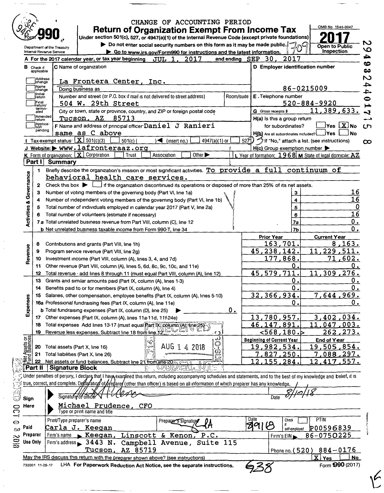 Image of first page of 2016 Form 990 for La Frontera Center